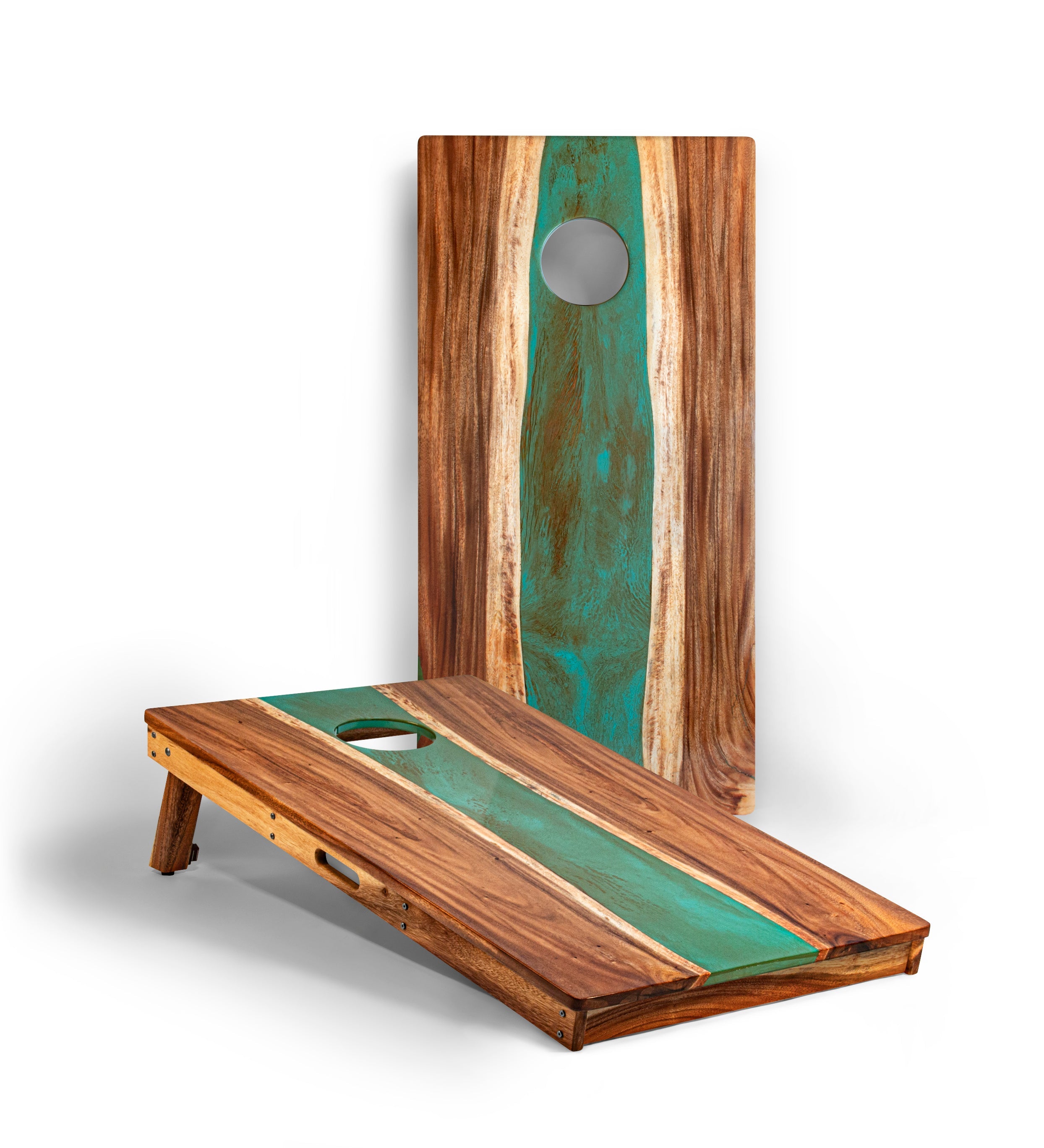 Wooden cornhole boards with green resin inlay on a white background