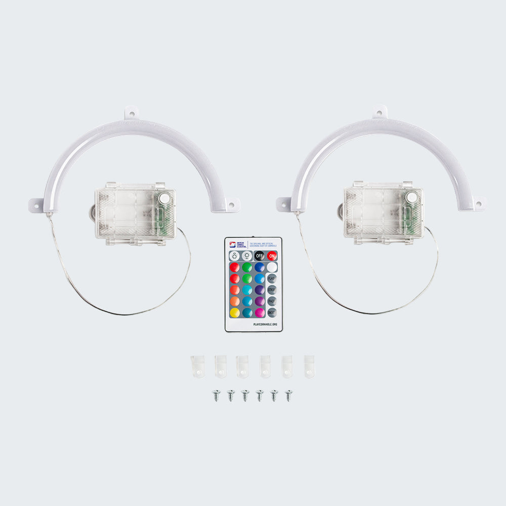 Two circular light fixtures with remote control on a white background