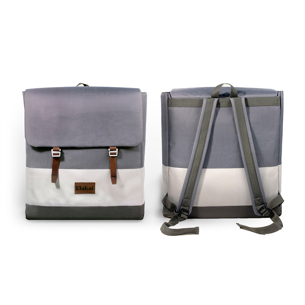 Two backpacks, one with a flap cover and the other with straps, on a white background.