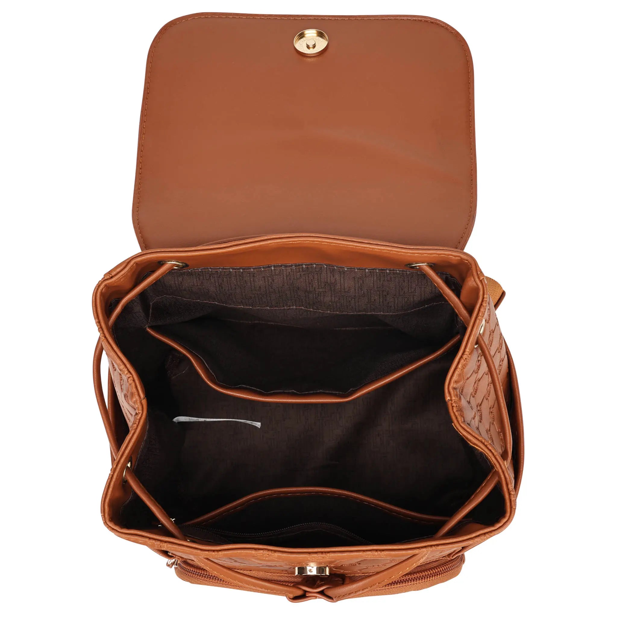 Open brown leather bag with gold clasp on a white background