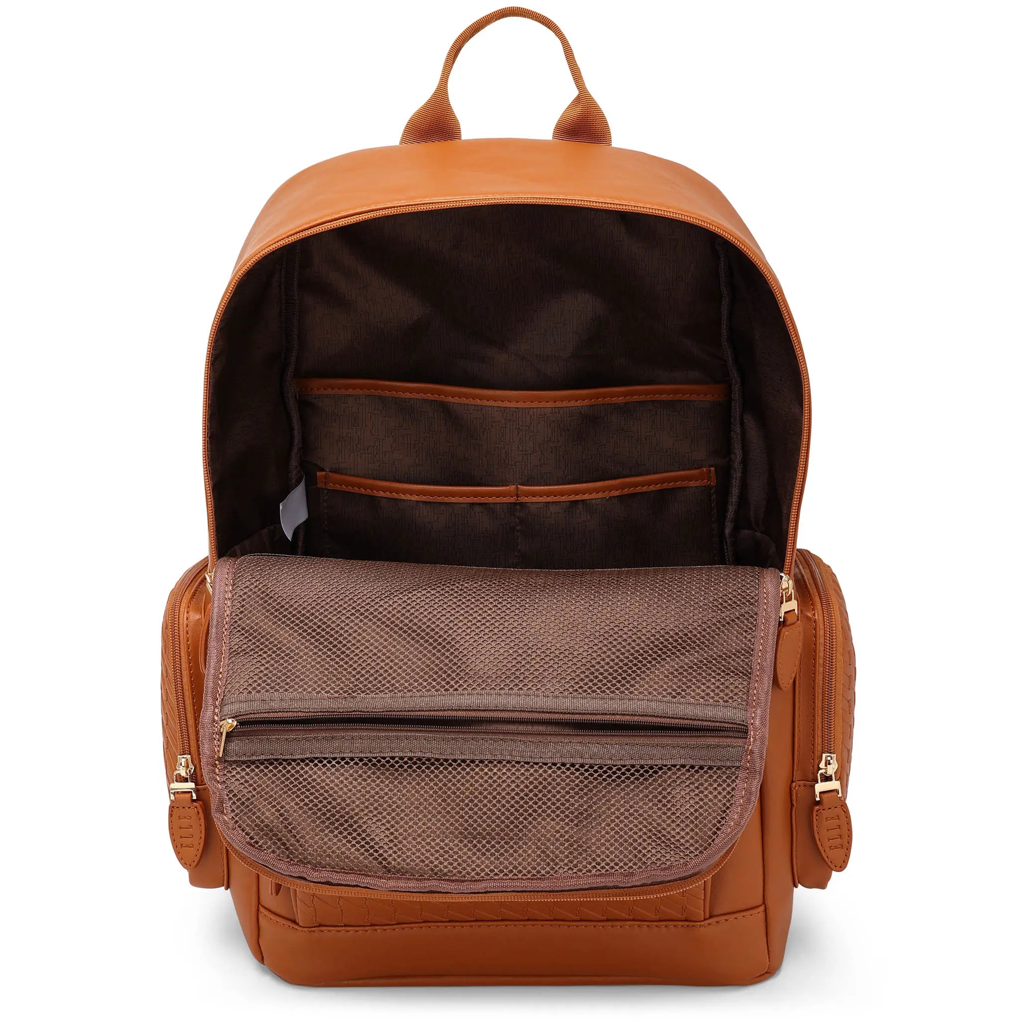 Brown leather backpack with a front pocket on a white background