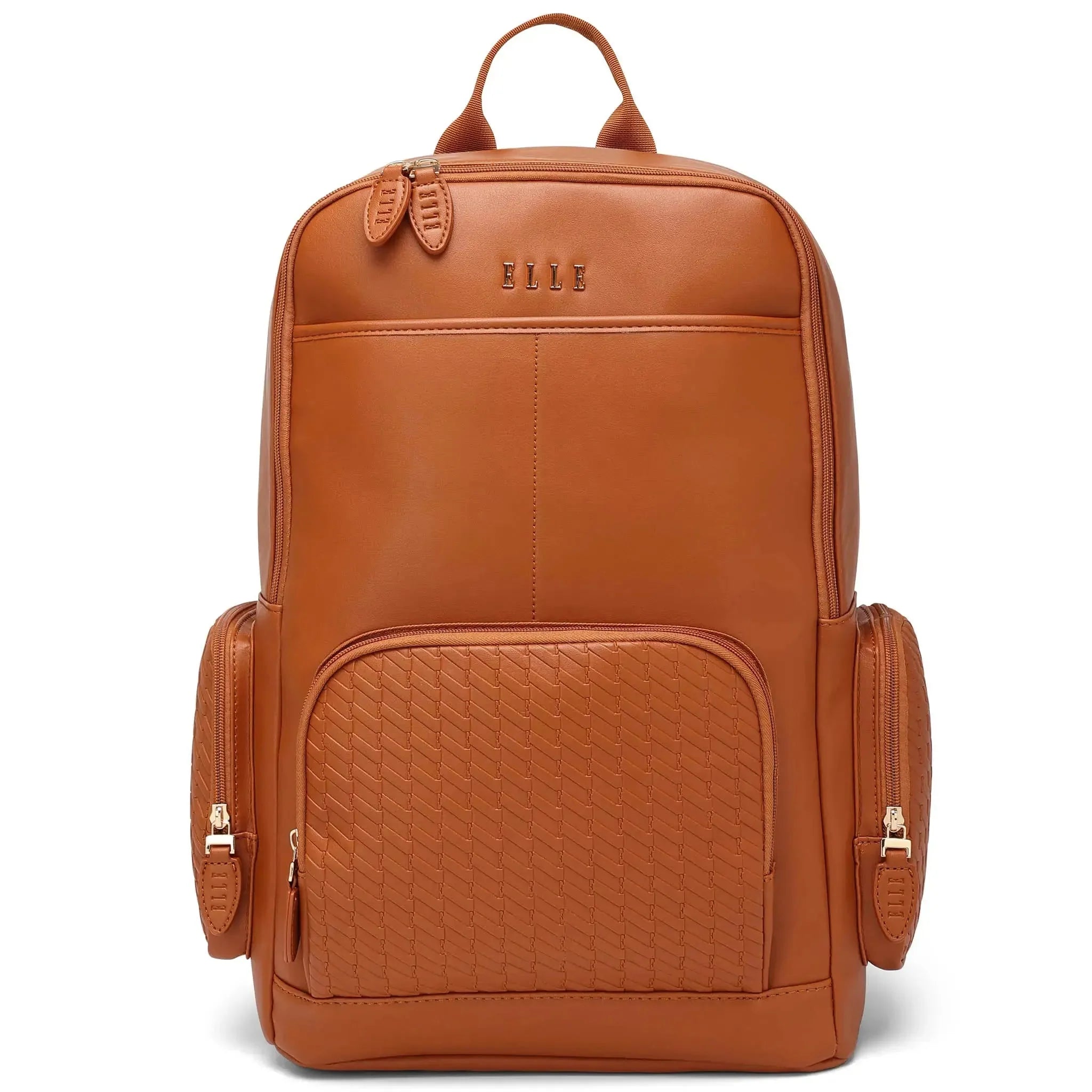 Brown leather backpack with visible brand name on a white background