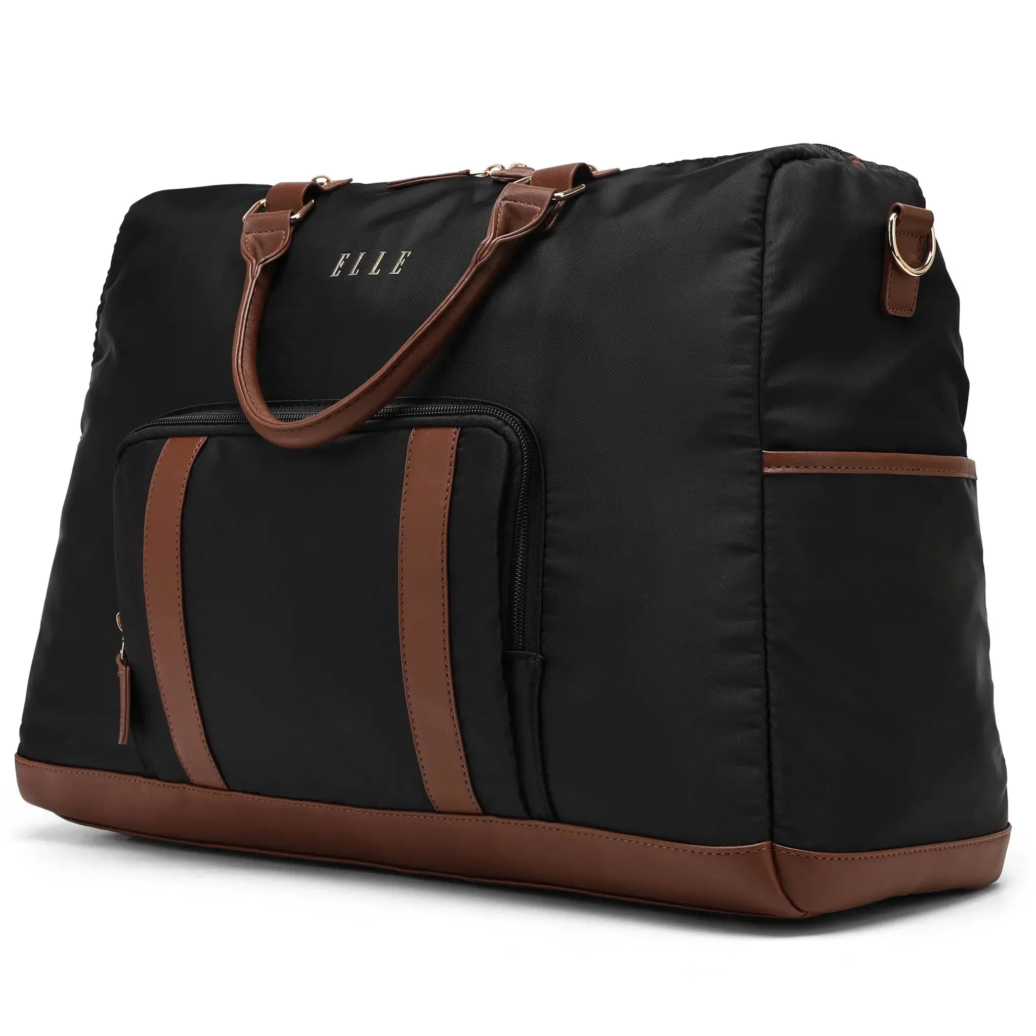 Black duffel bag with brown accents and 'ELLE' branding on a white background