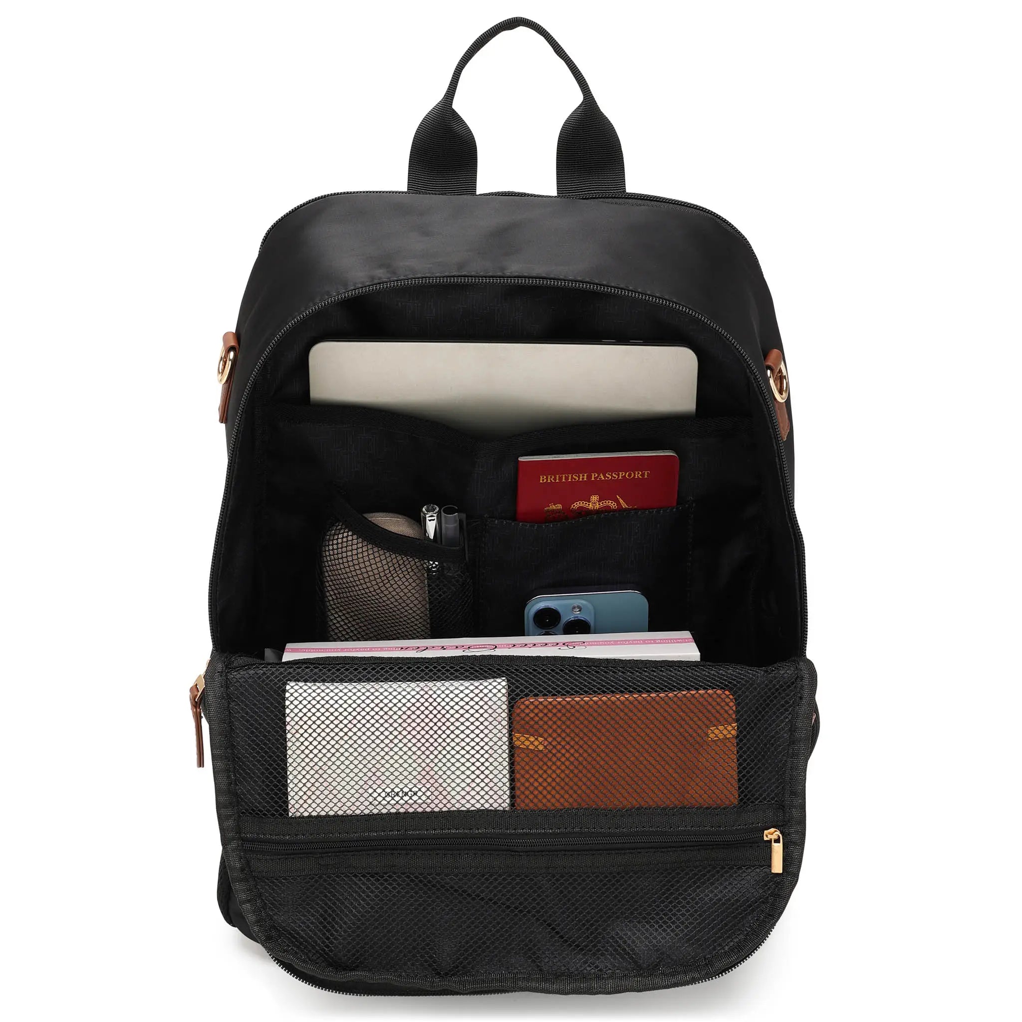 Black backpack with compartments containing items on a white background