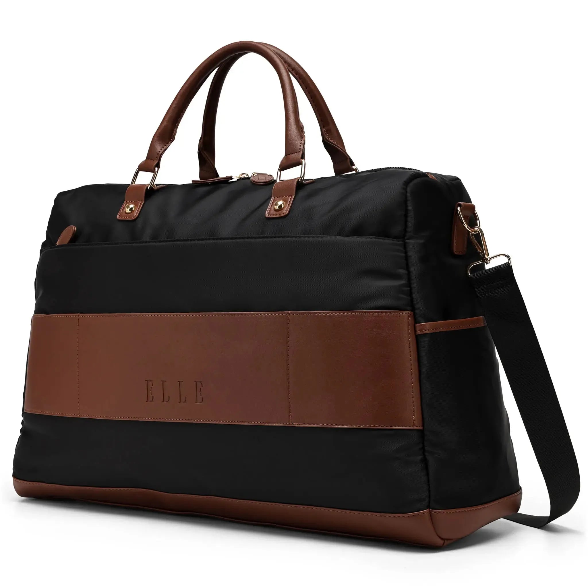 Black and brown travel bag with visible brand logo on a white background