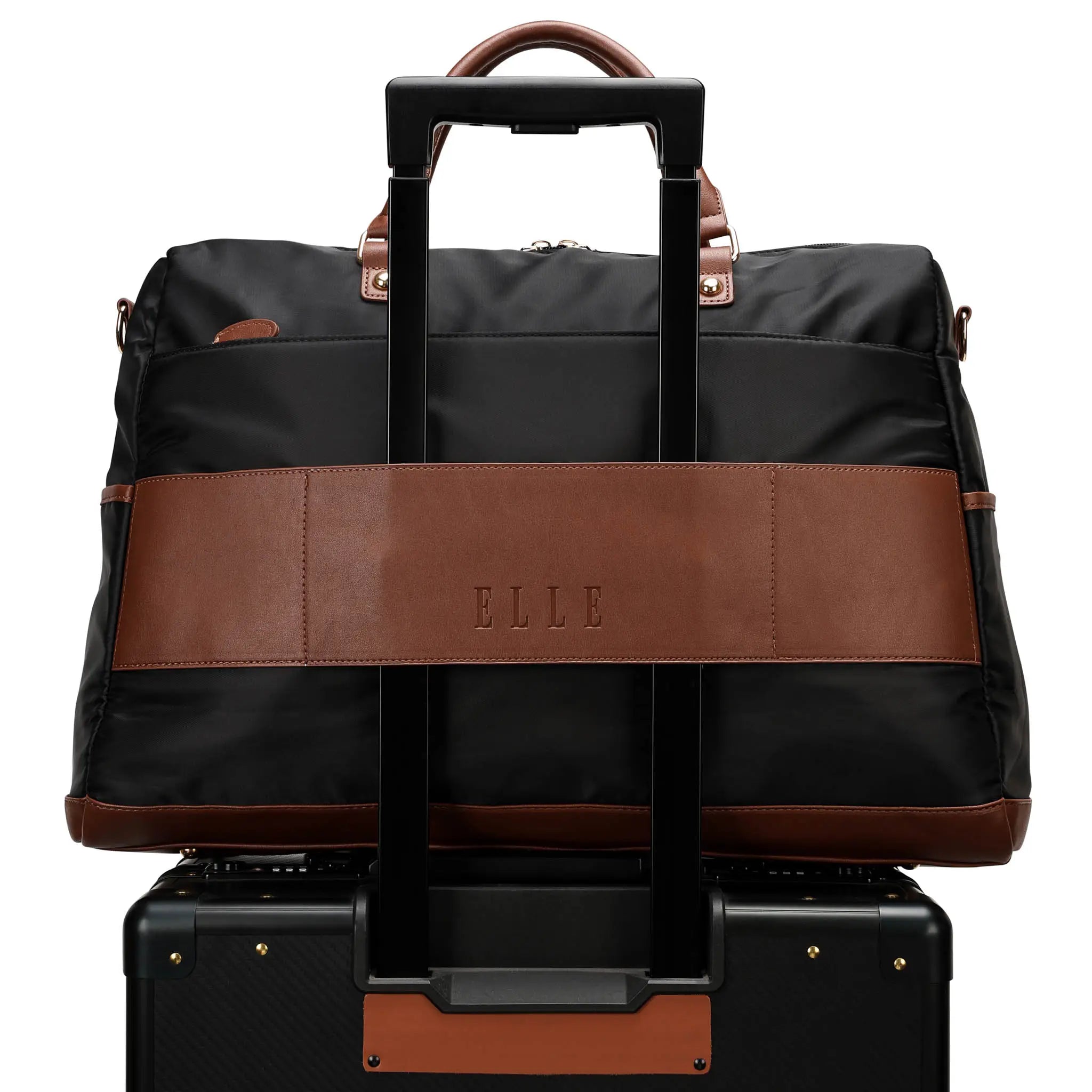 Black and brown travel bag with 'ELLE' branding on a white background