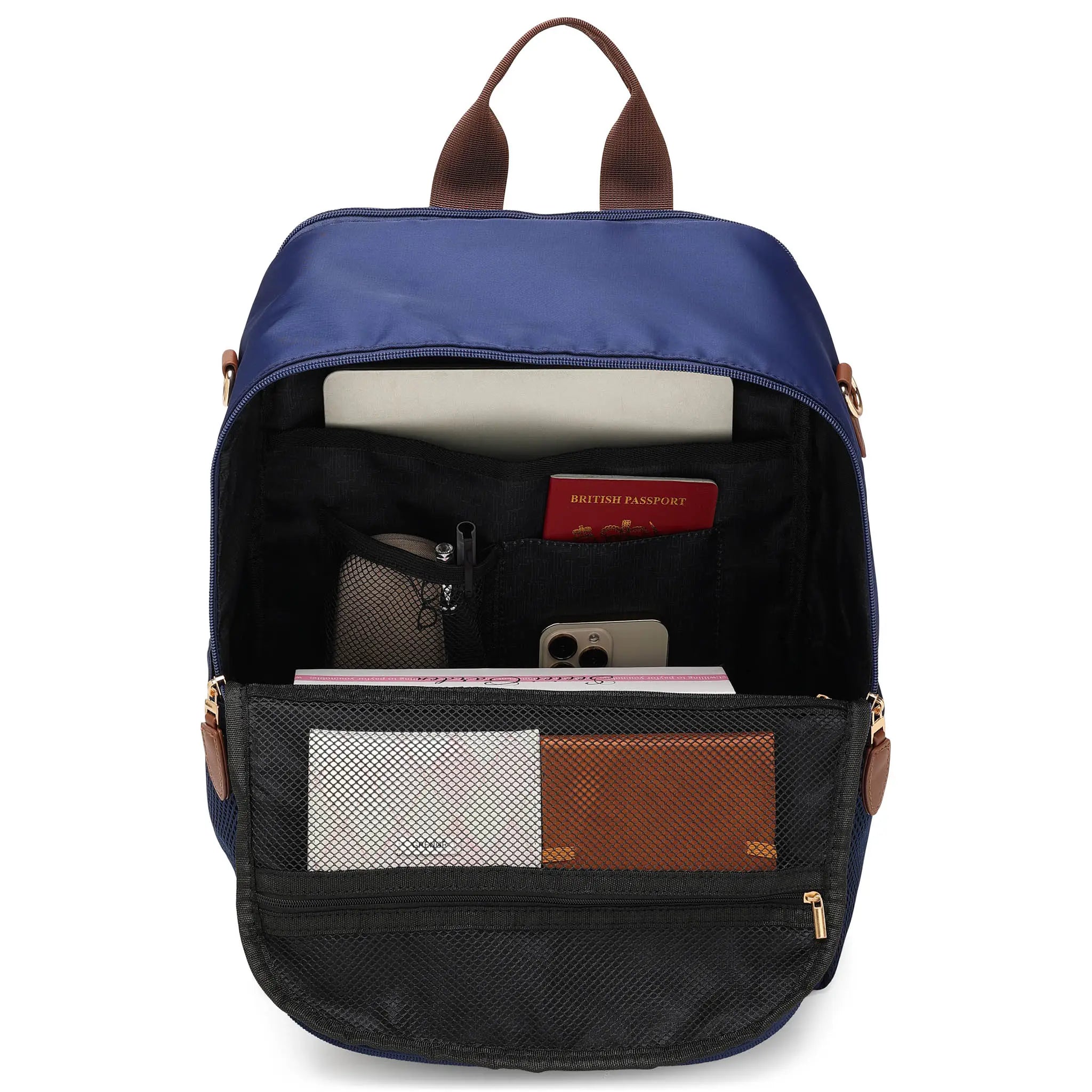 Blue backpack with brown accents containing items on a white background