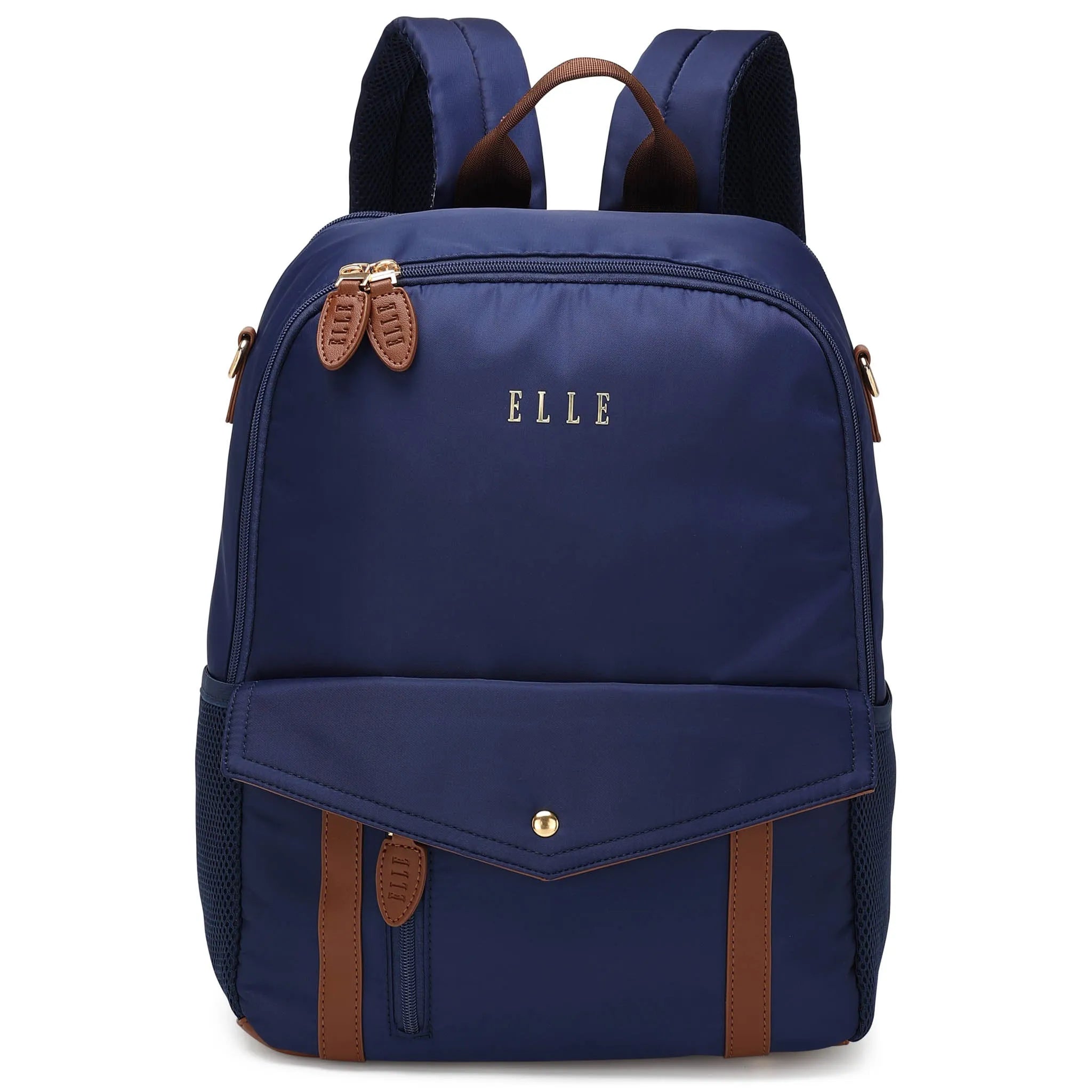 Navy blue backpack with brown accents and 'ELLE' branding on a white background