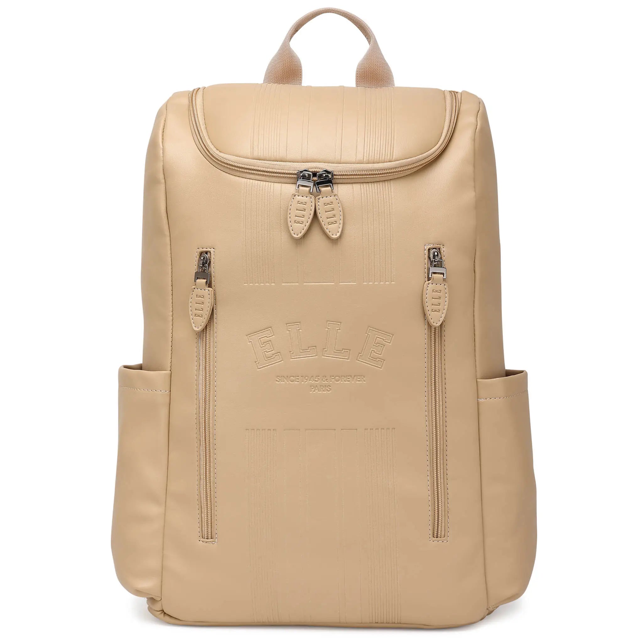 Beige backpack with visible brand logo on a white background