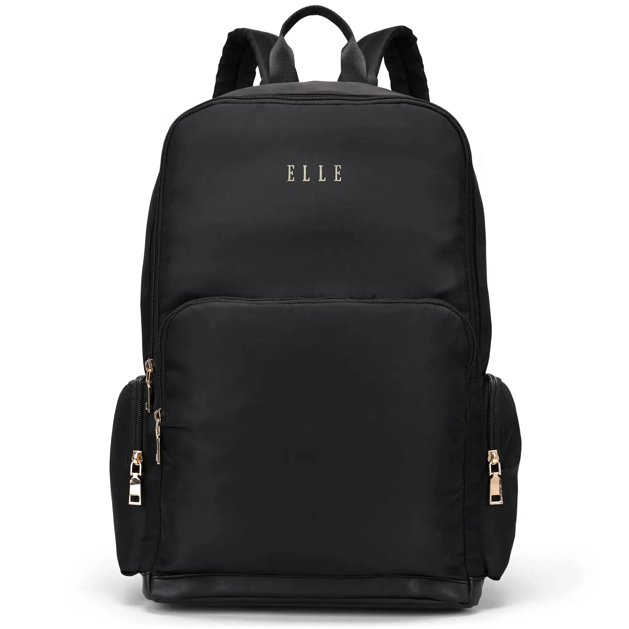 Black backpack with 'ELLE' branding on a white background