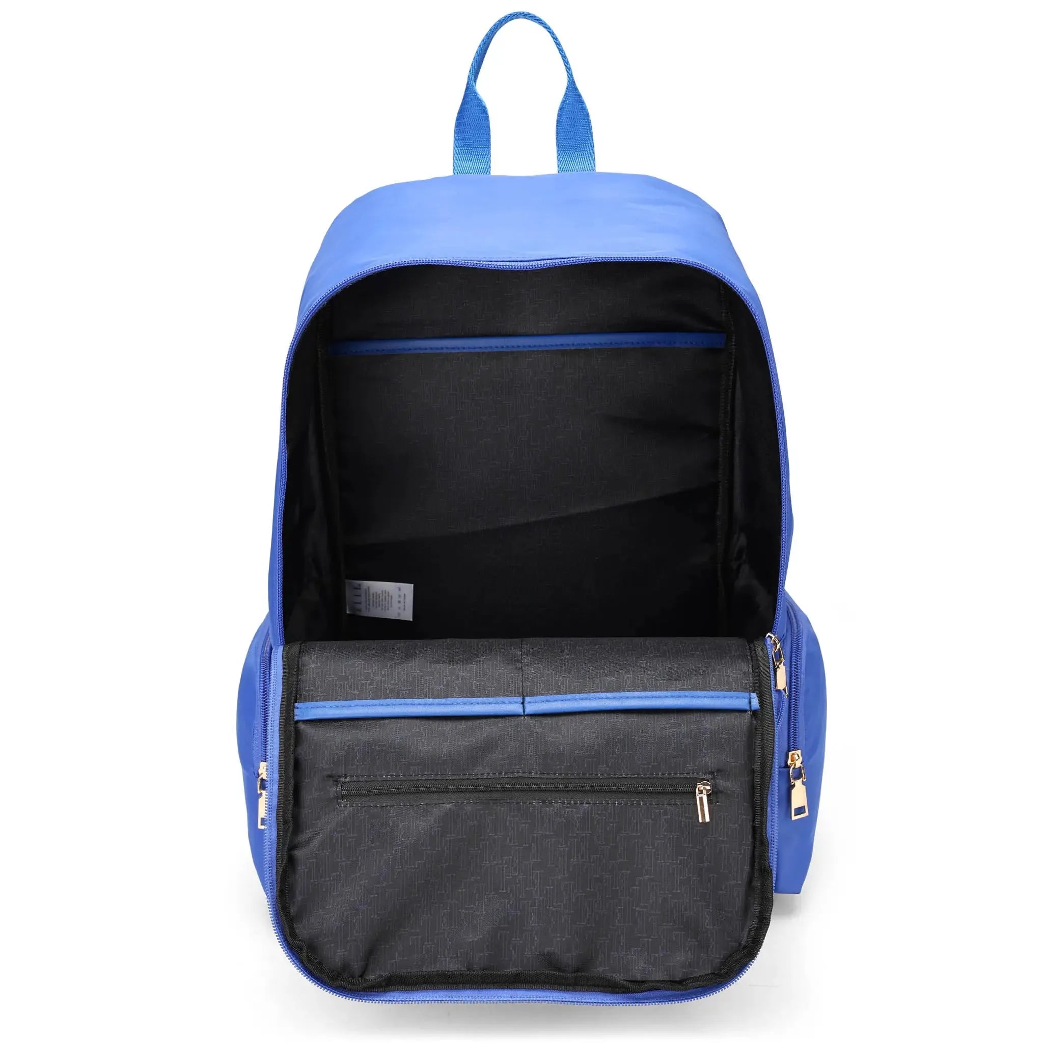 Blue backpack with open compartments on a white background