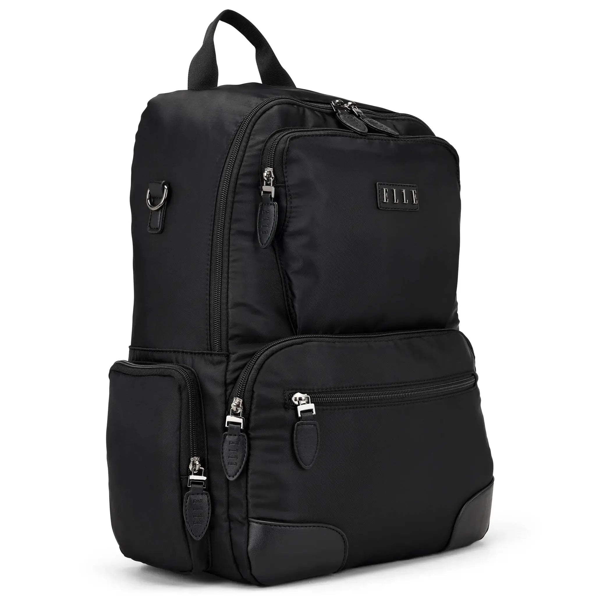 Black backpack with multiple pockets and zippers on a white background
