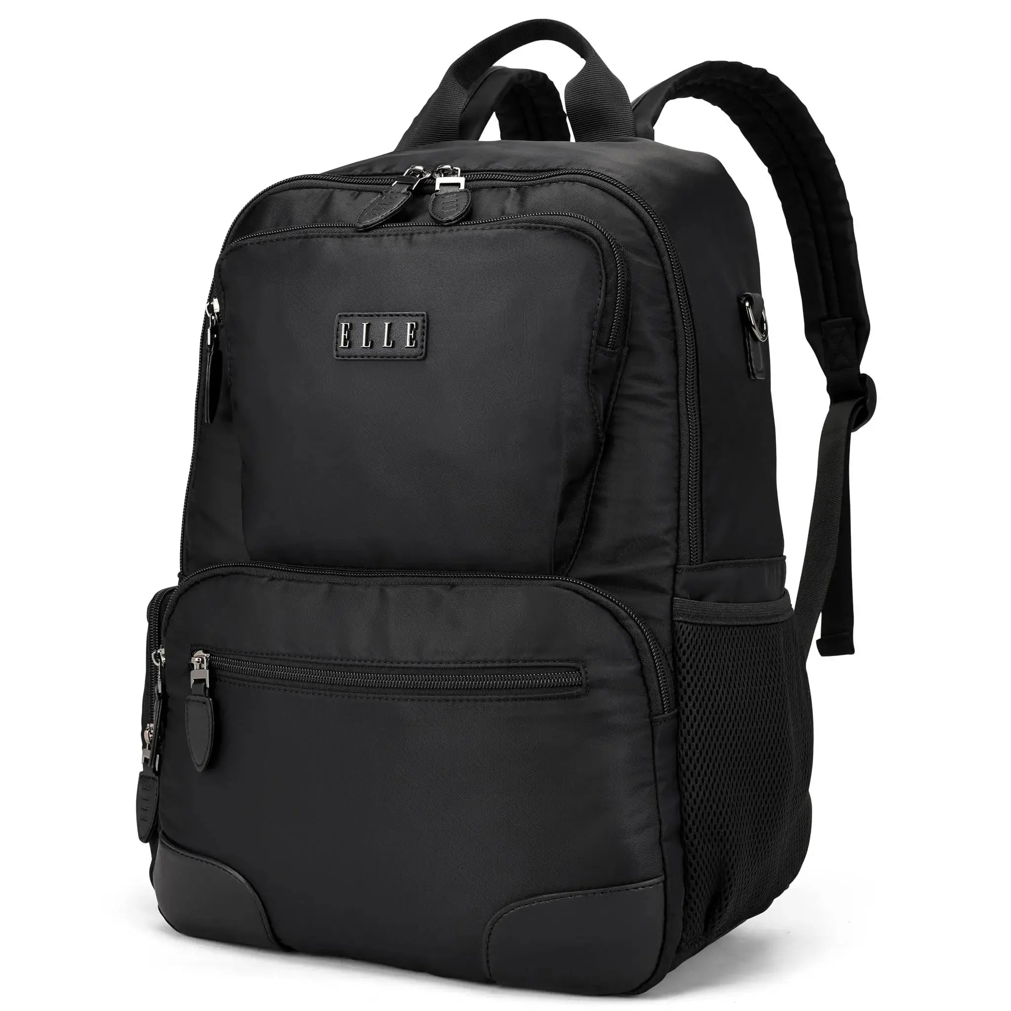 Black backpack with visible brand logo on a white background