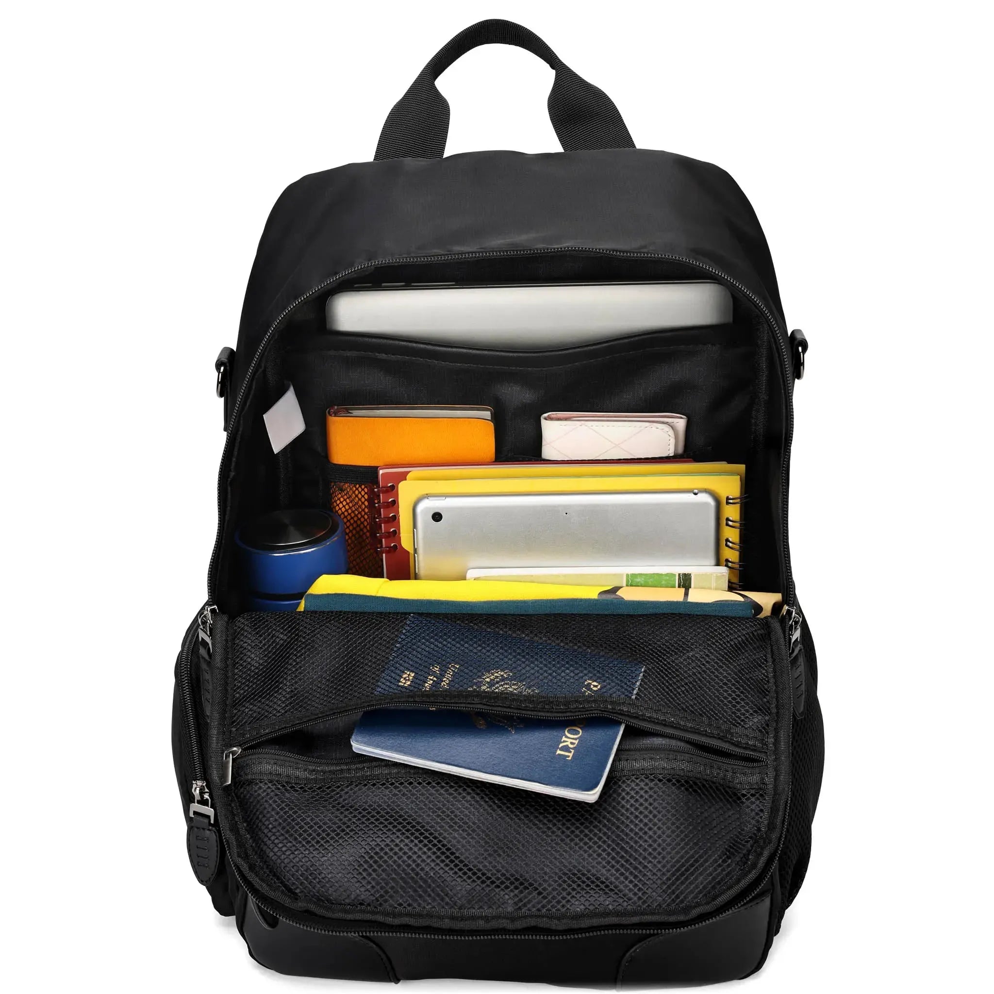 Black backpack with various items including books and a passport on a white background