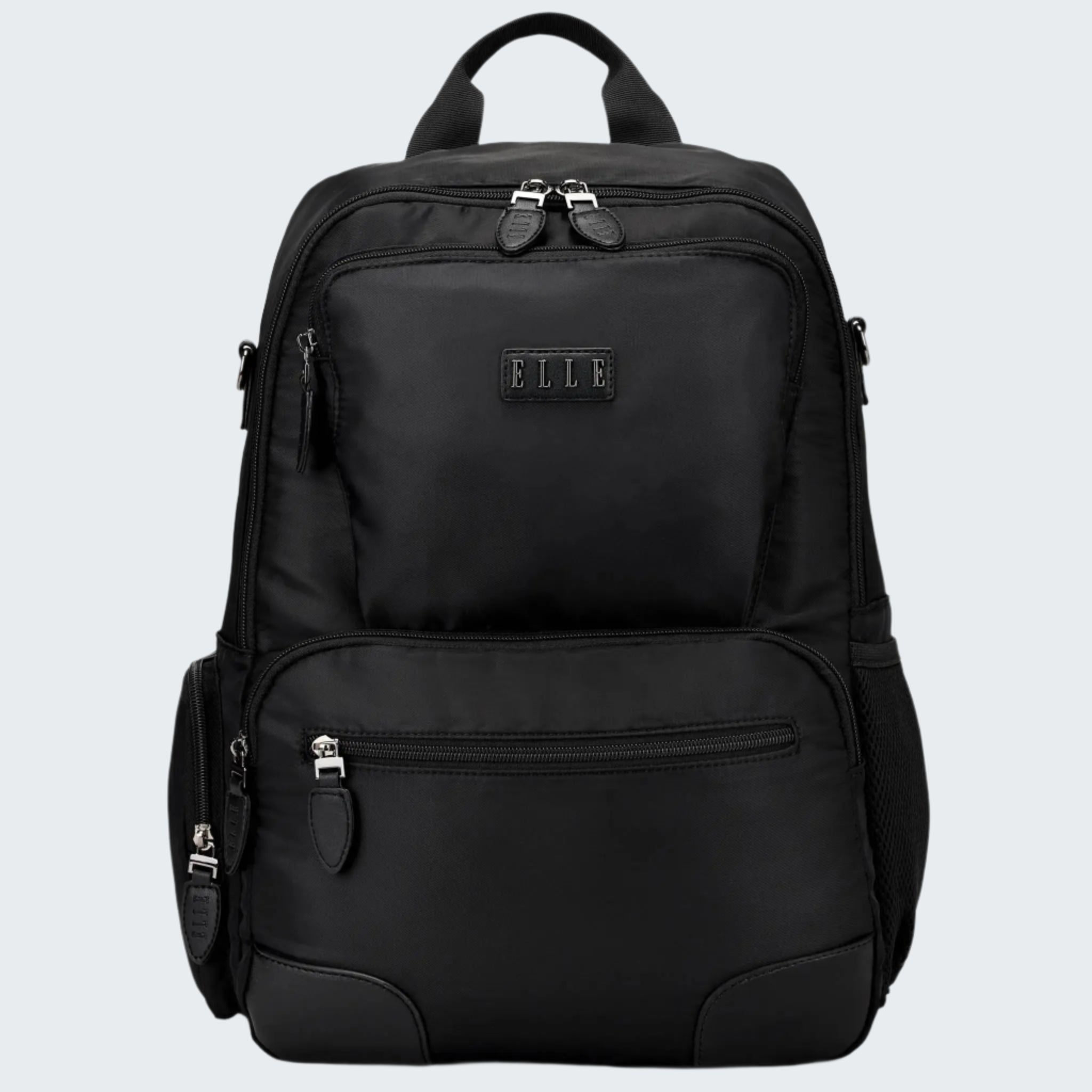Black backpack with multiple pockets and zippers on a white background
