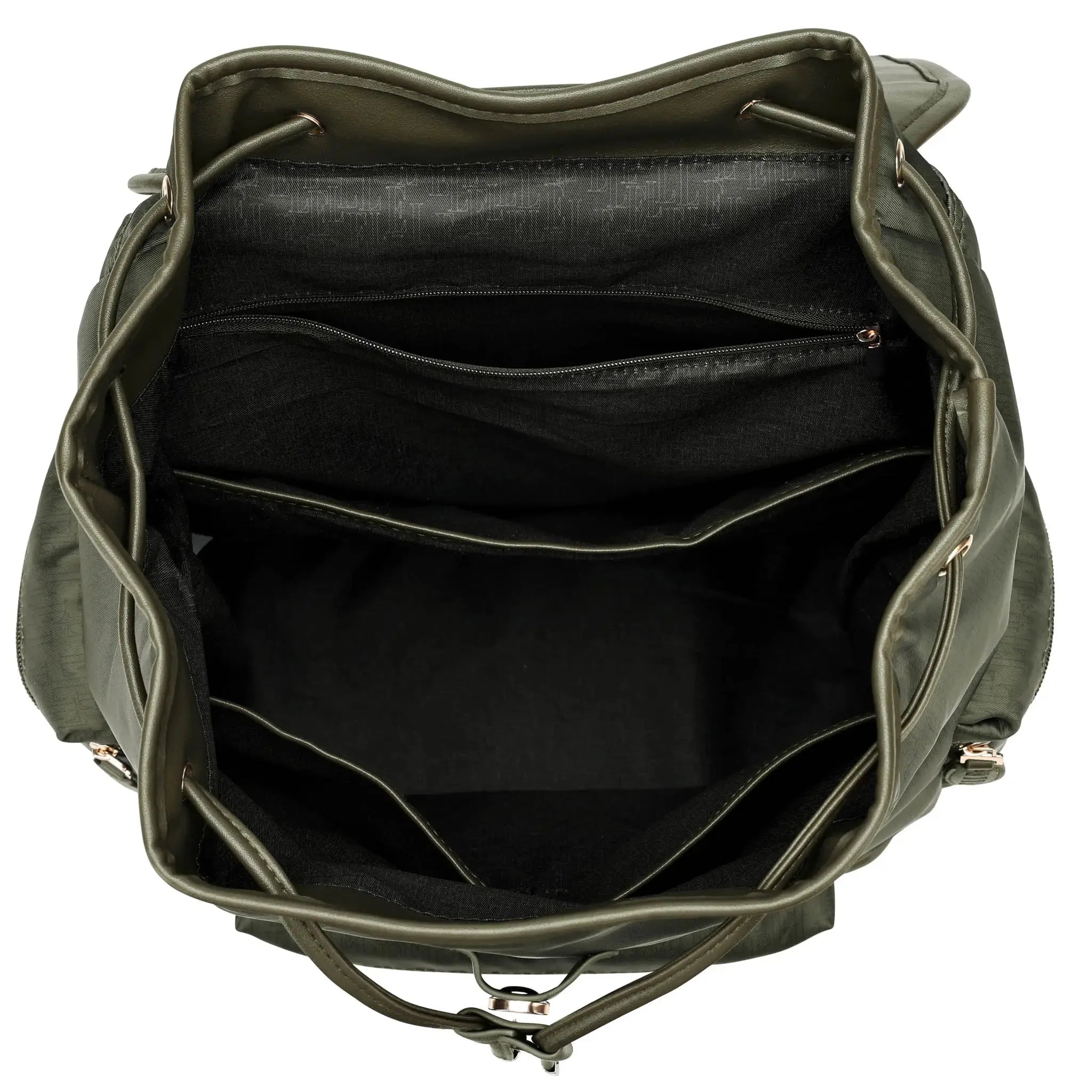 Green leather backpack with open front showing black interior