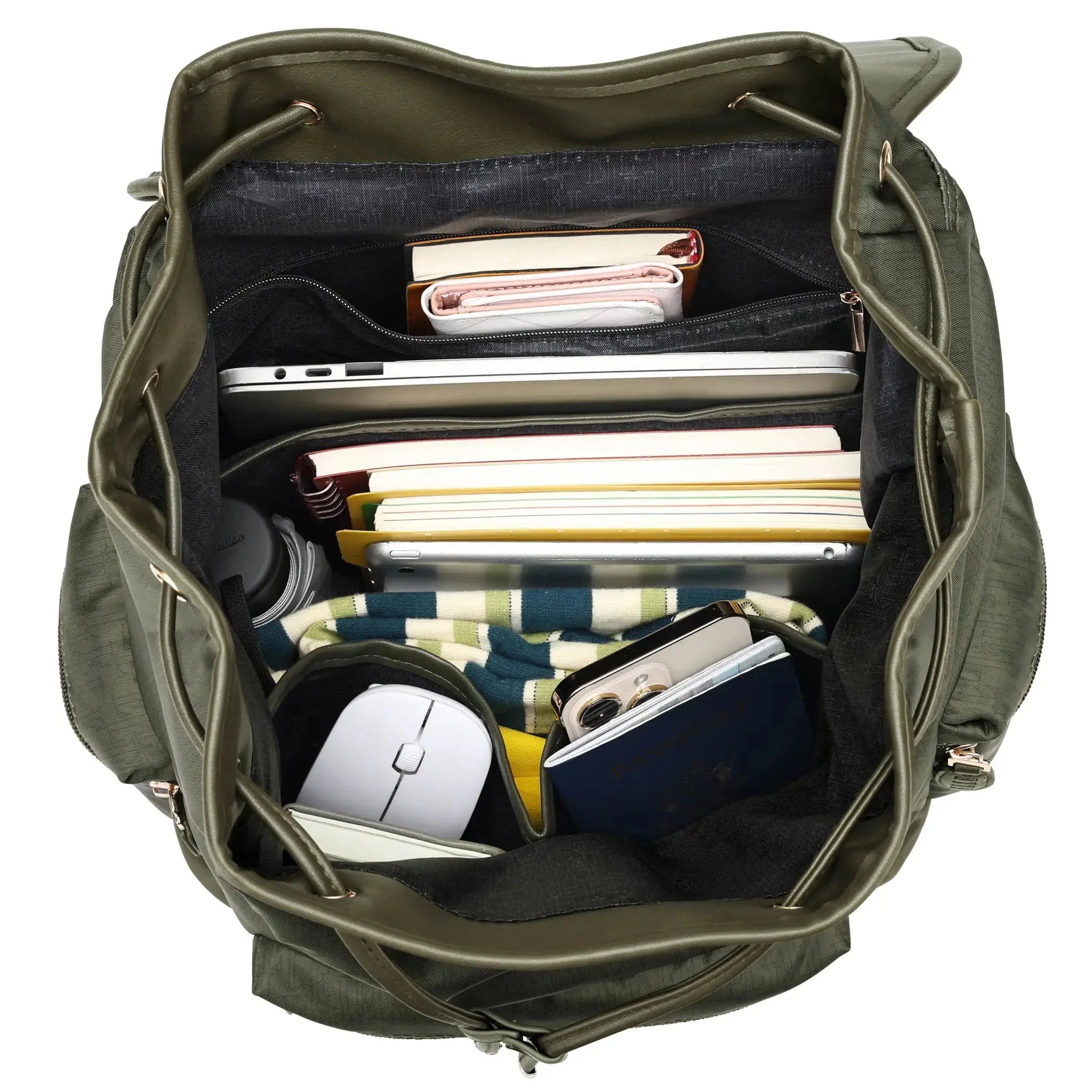 Green backpack with various items including books and a mouse inside
