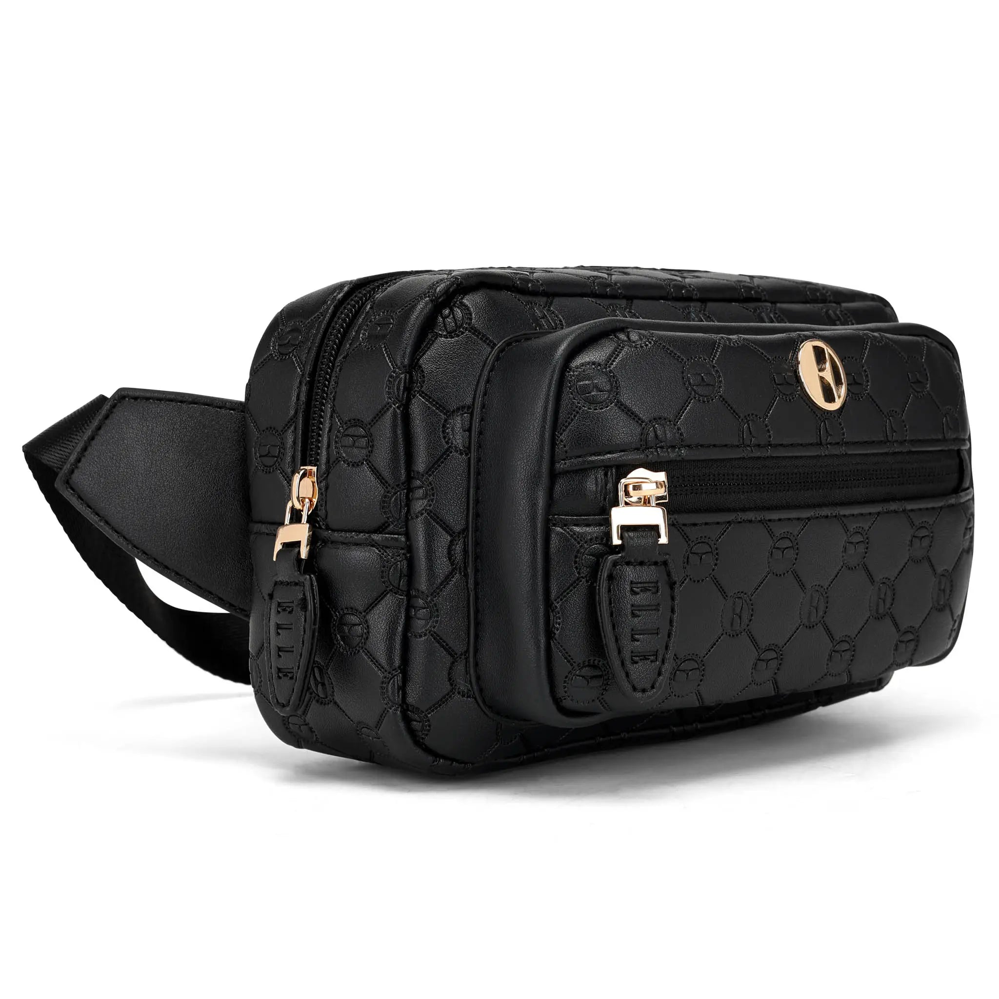Black quilted waist bag with gold zippers on a white background