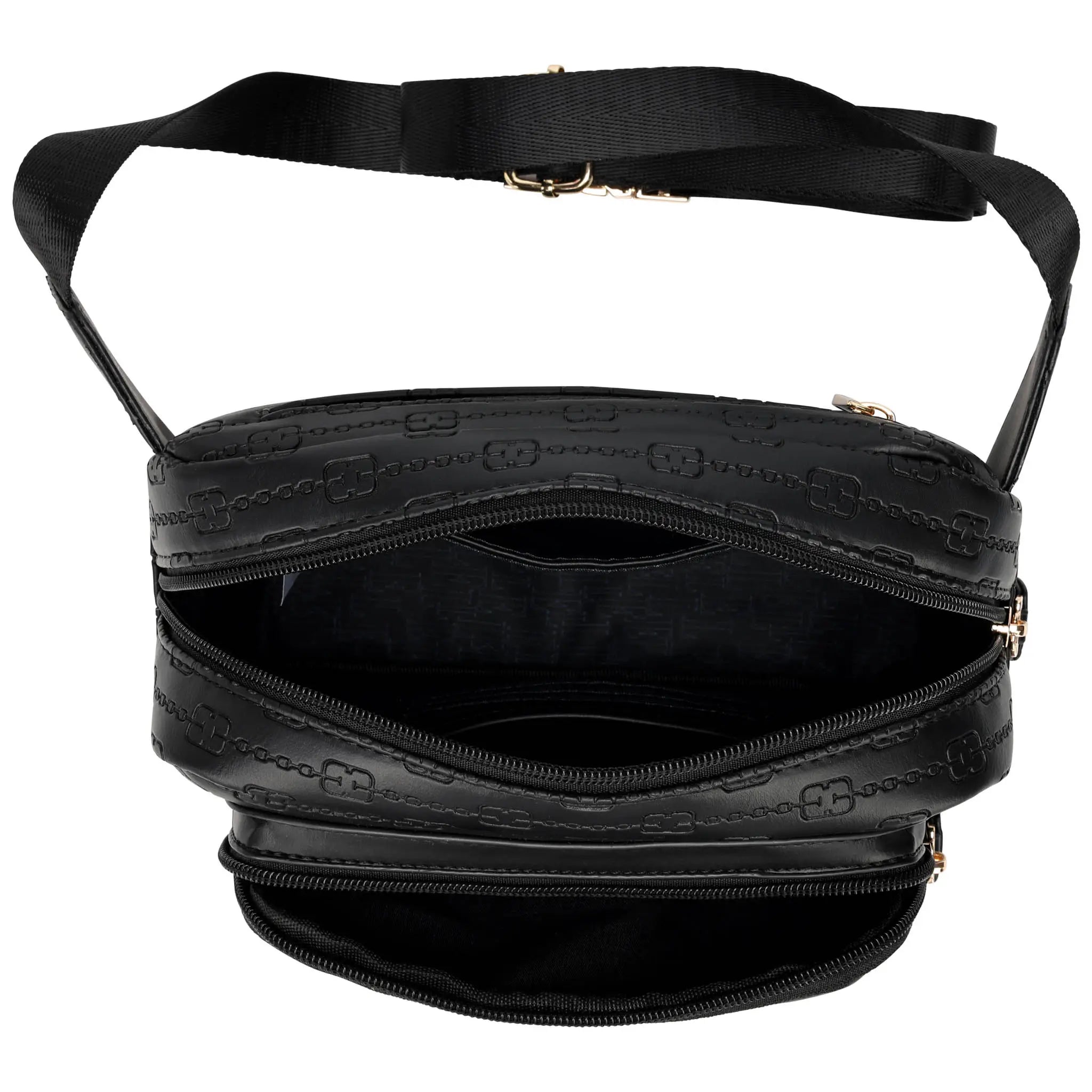 Black handbag with visible branding on a white background