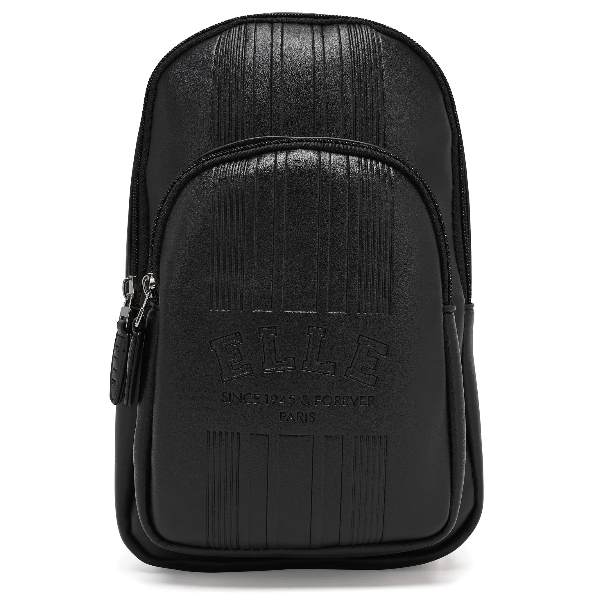Black backpack with embossed text on a white background