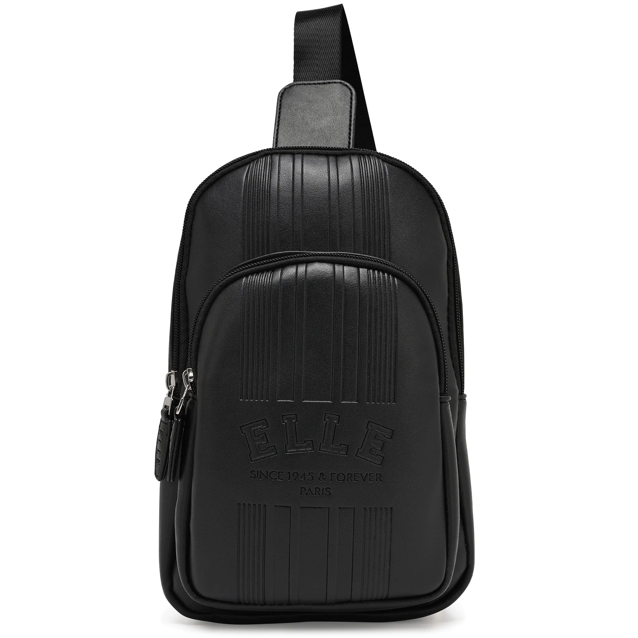 Black leather crossbody bag with brand logo on a white background