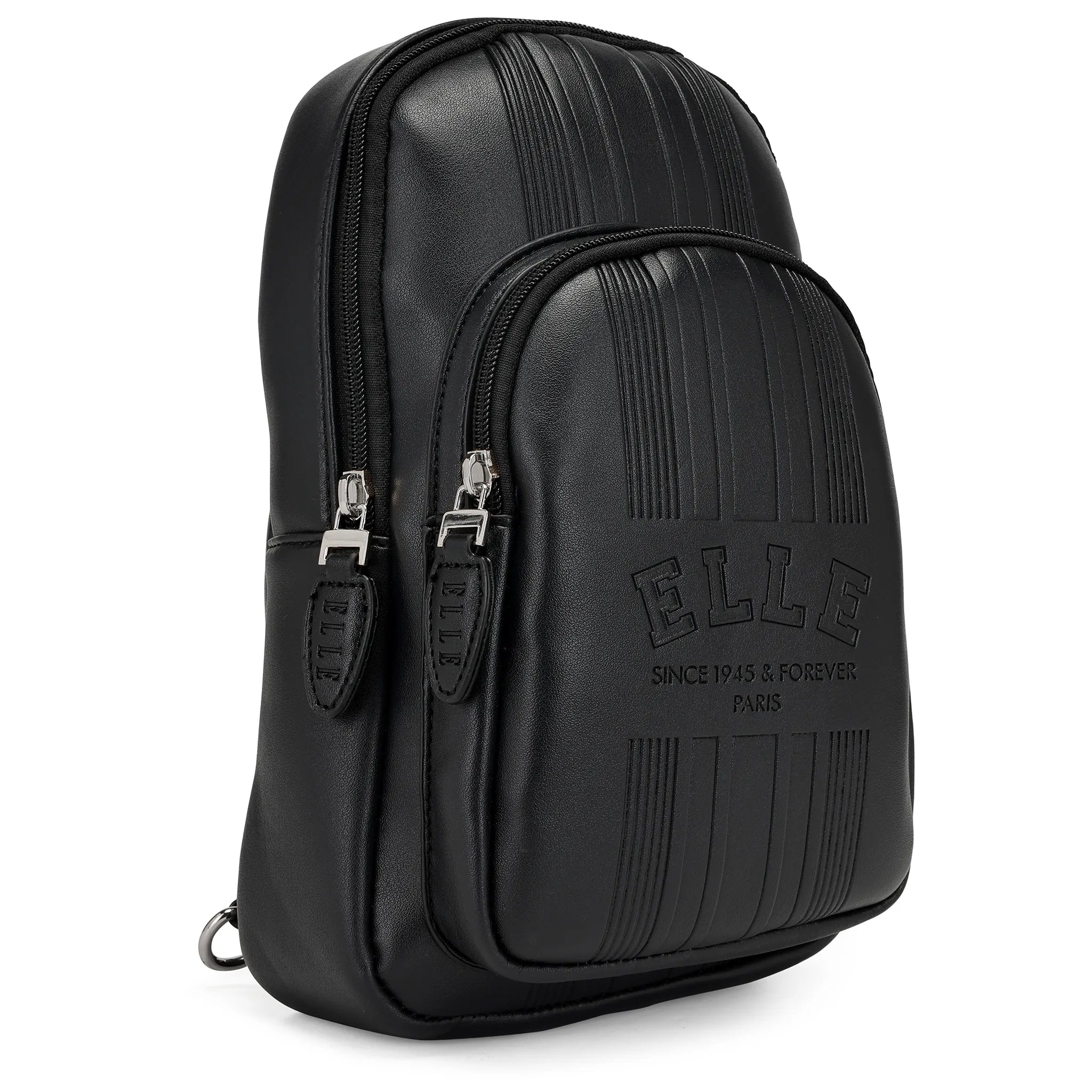 Black backpack with 'ELLE' branding on a white background