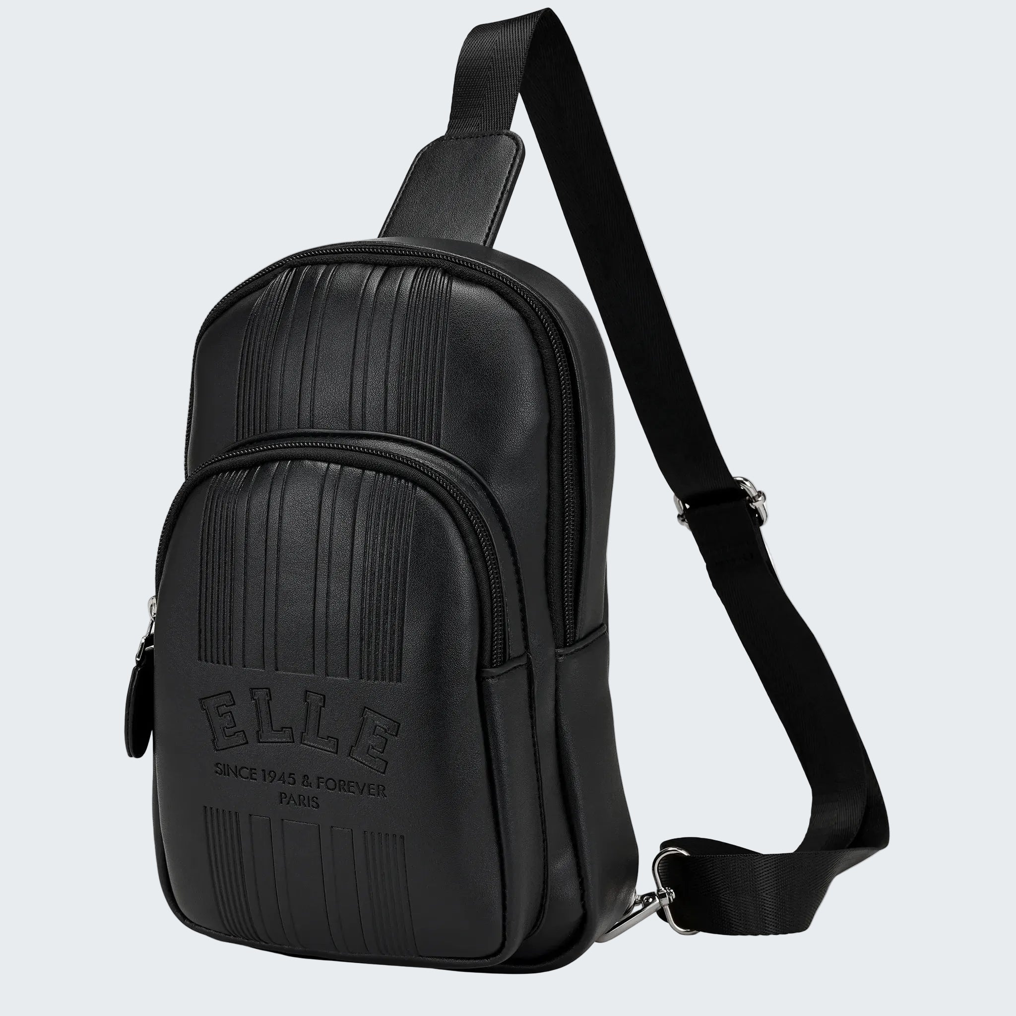 Black sling bag with 'ELLE' branding on a white background