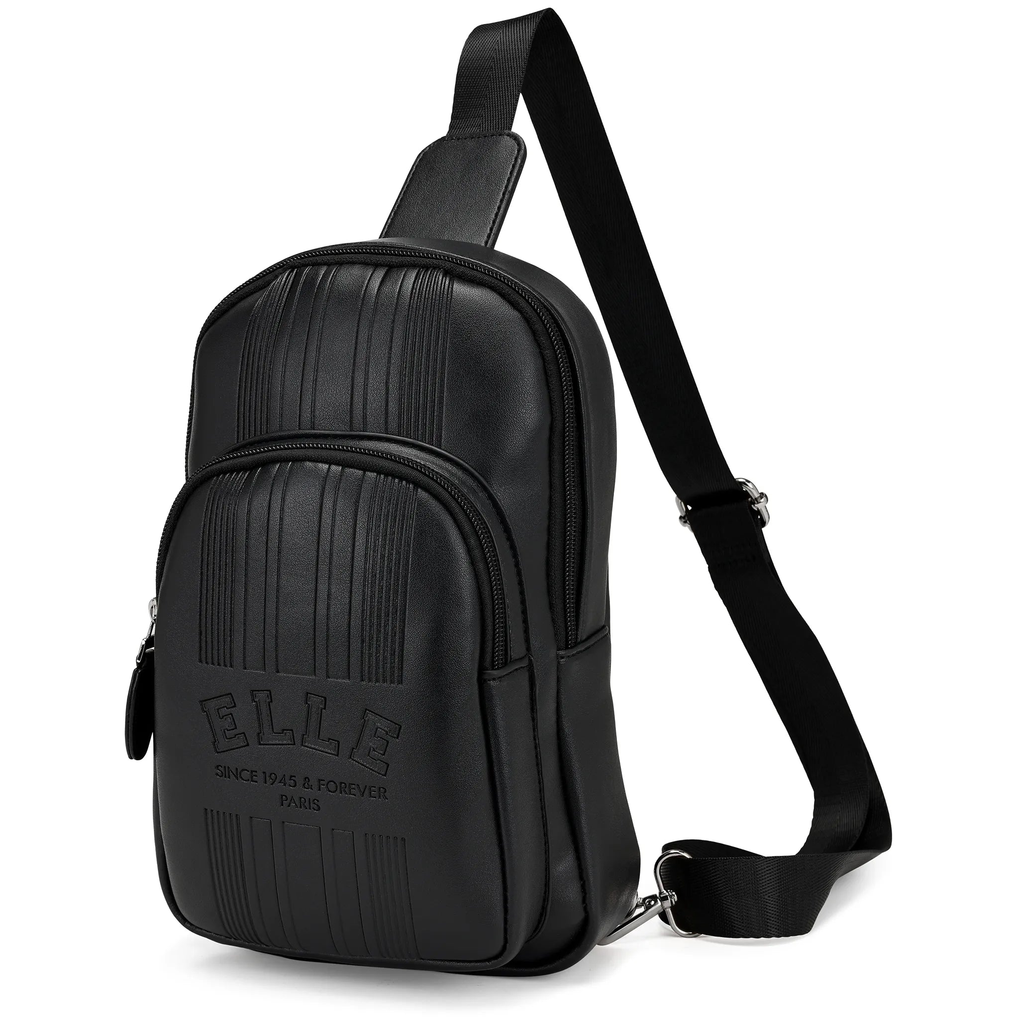 Black sling bag with 'ELLE' branding on a white background