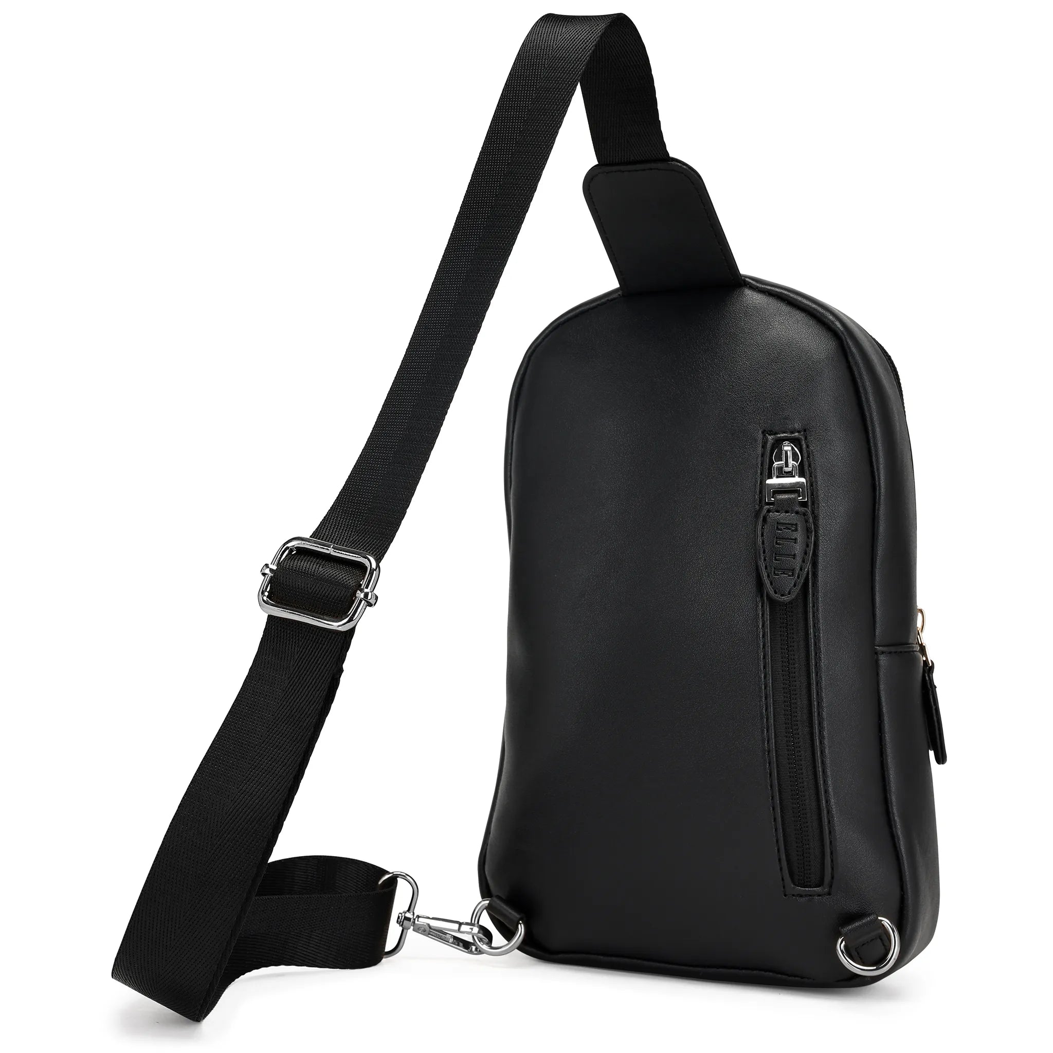 Black leather sling bag with gold hardware on a white background