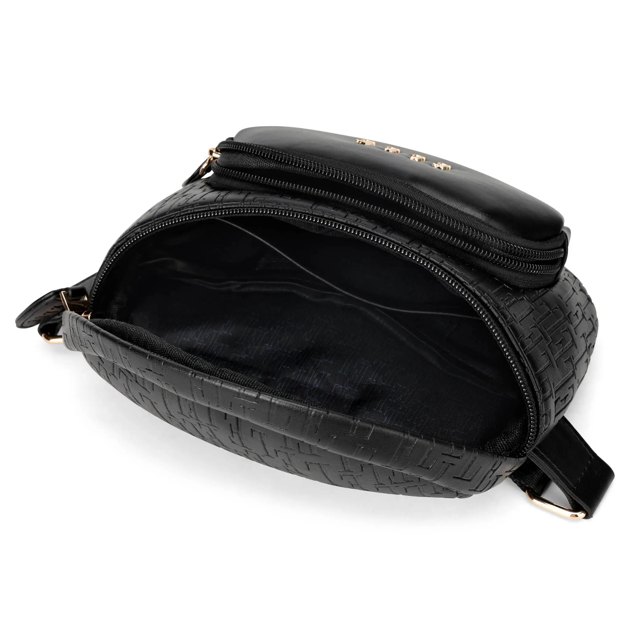 Black textured bag with a visible brand logo on a white background
