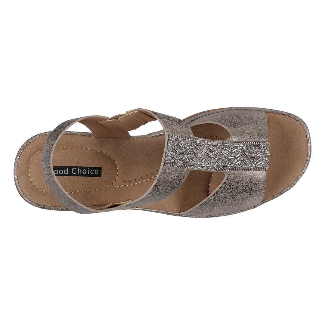 Silver sandal with 'Good Choice' label on a white background