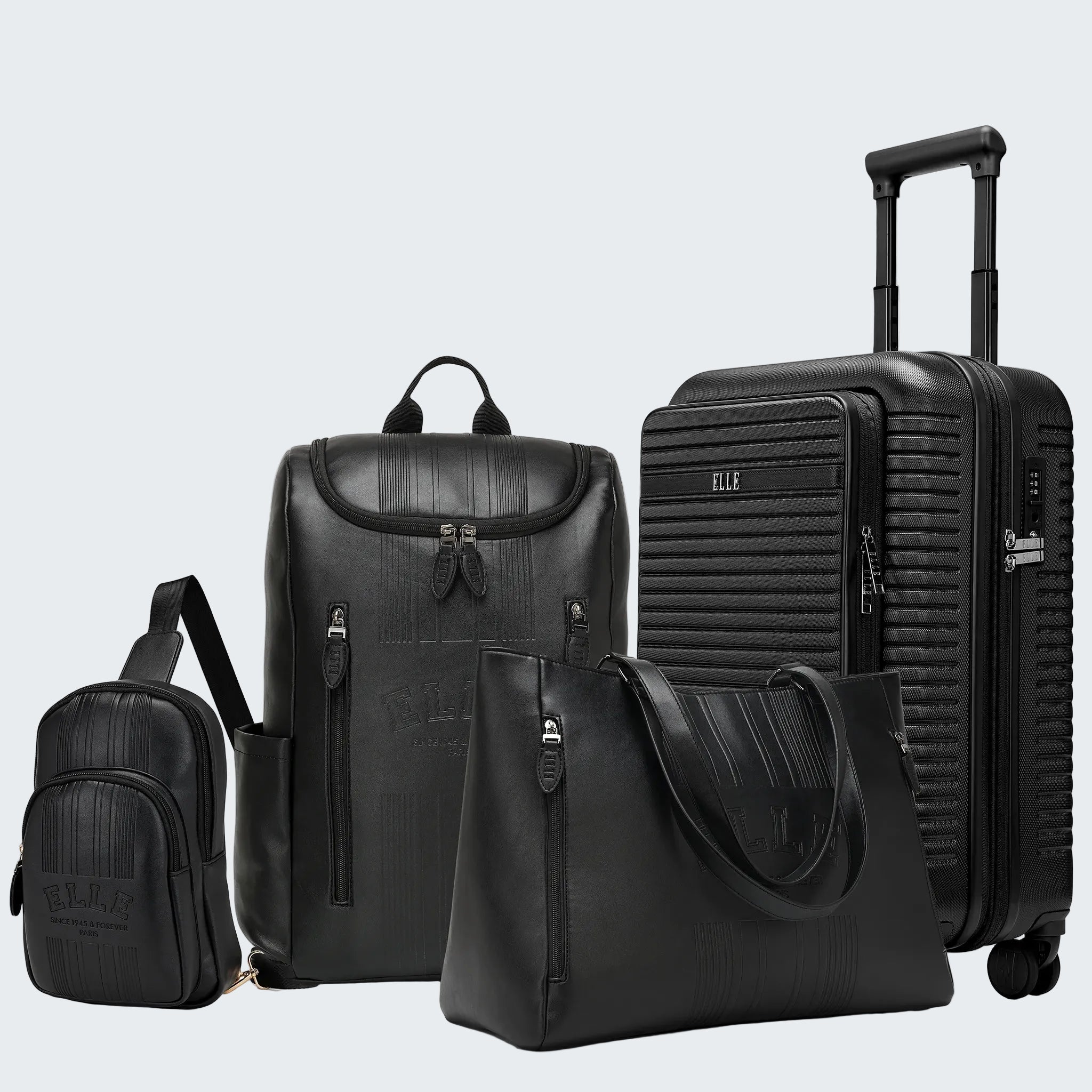 Set of black travel bags including a suitcase, backpack, and handbag on a white background