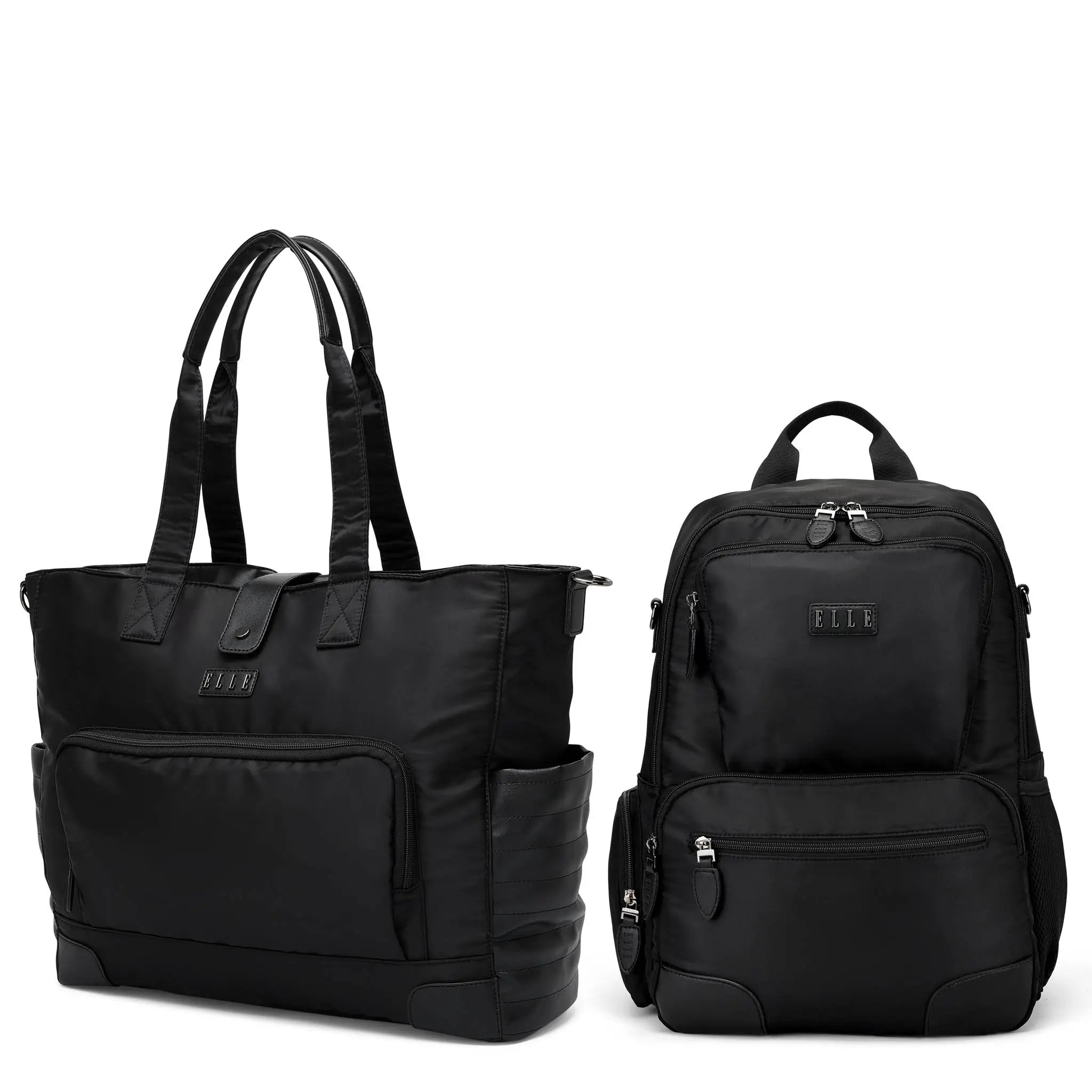 Black tote bag and backpack on a white background