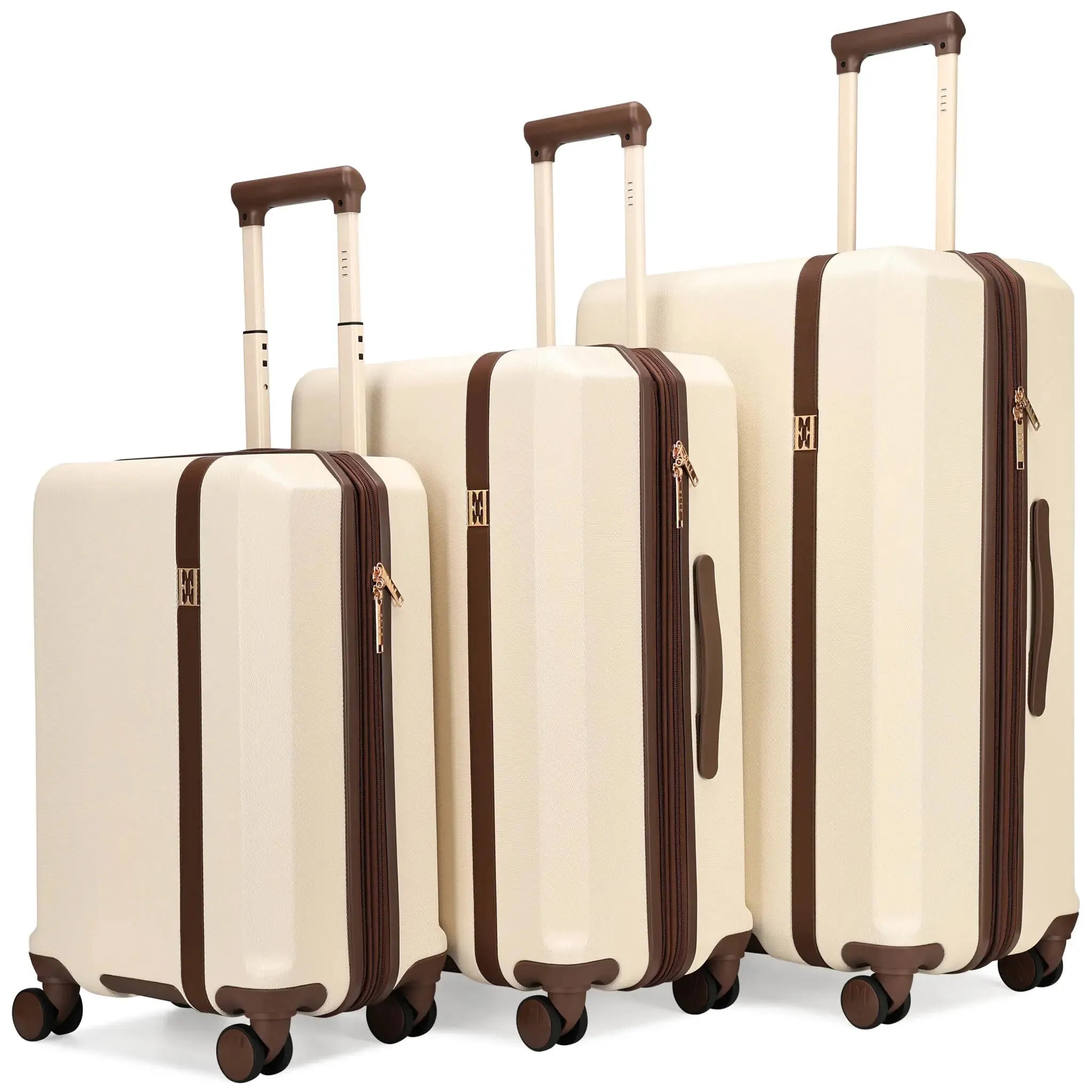 Set of three cream-colored suitcases with brown accents on a white background