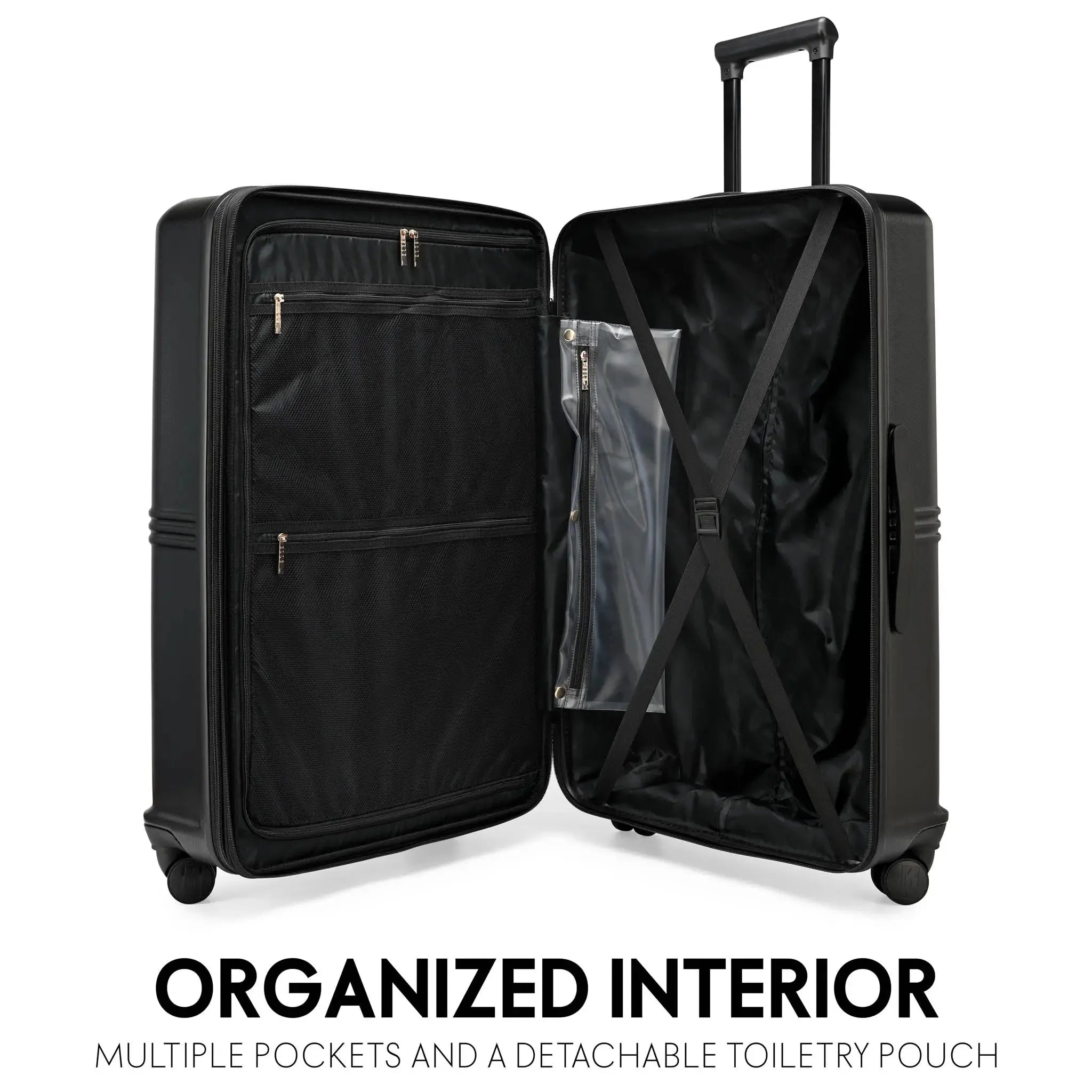 Black suitcase with open lid showing organized interior and detachable toiletry pouch on a white background.