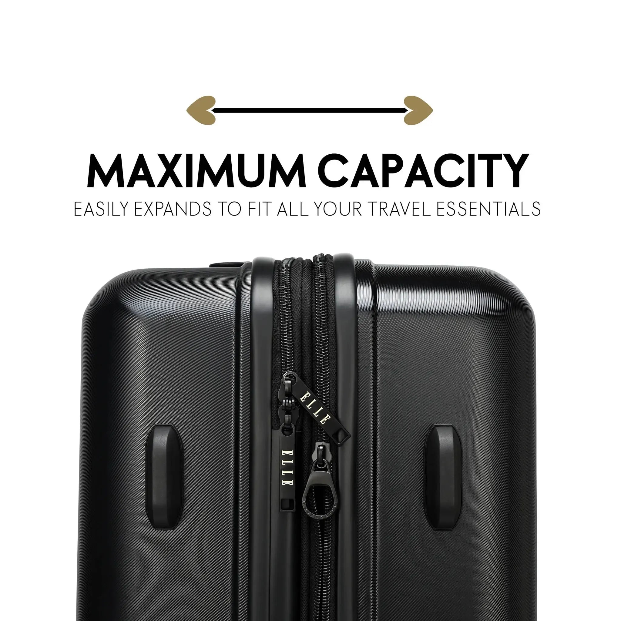 Black suitcase with text highlighting maximum capacity and expandability on a white background