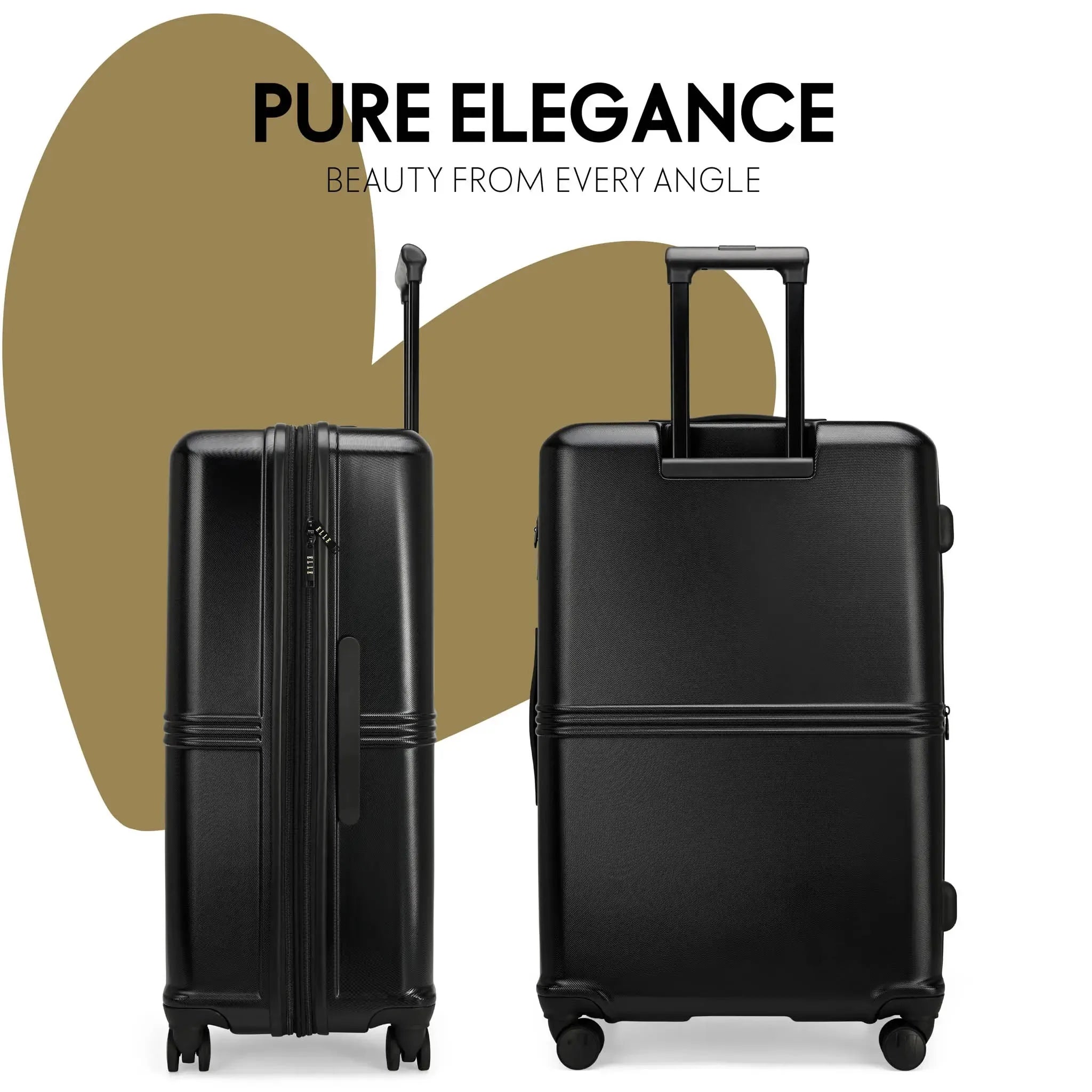 Two black suitcases with 'Pure Elegance' branding on a white background
