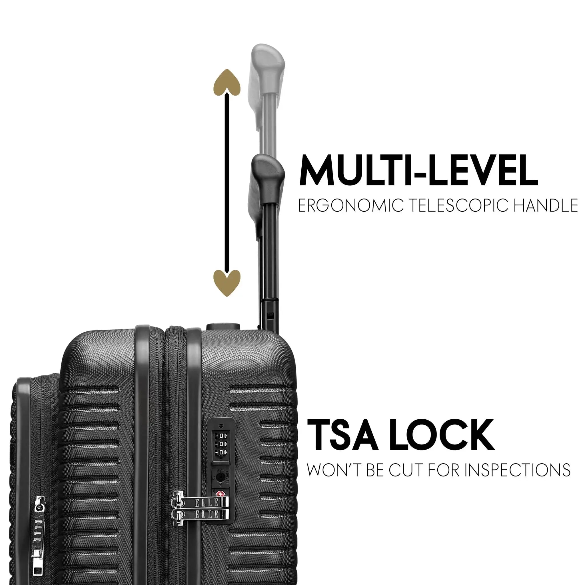 Black suitcase with ergonomic telescopic handle and TSA lock on a white background
