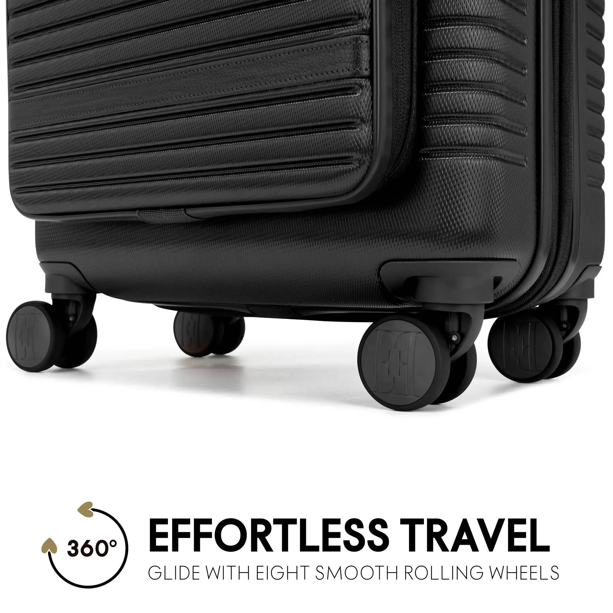 Black suitcase with smooth rolling wheels on a white background