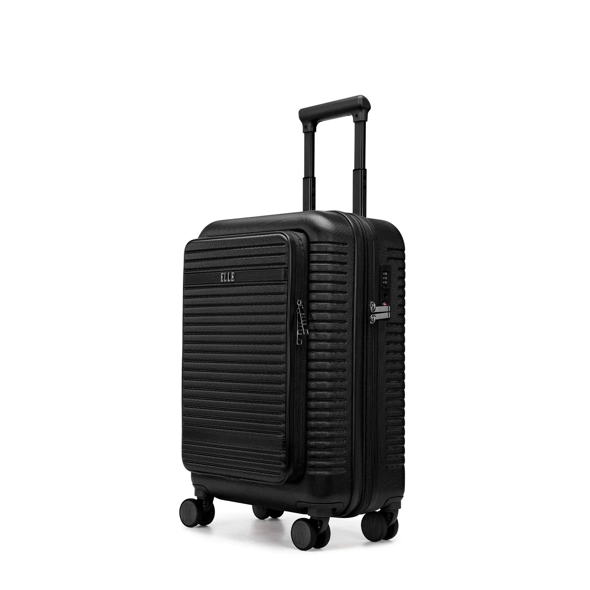 Black suitcase with wheels and handle on a white background