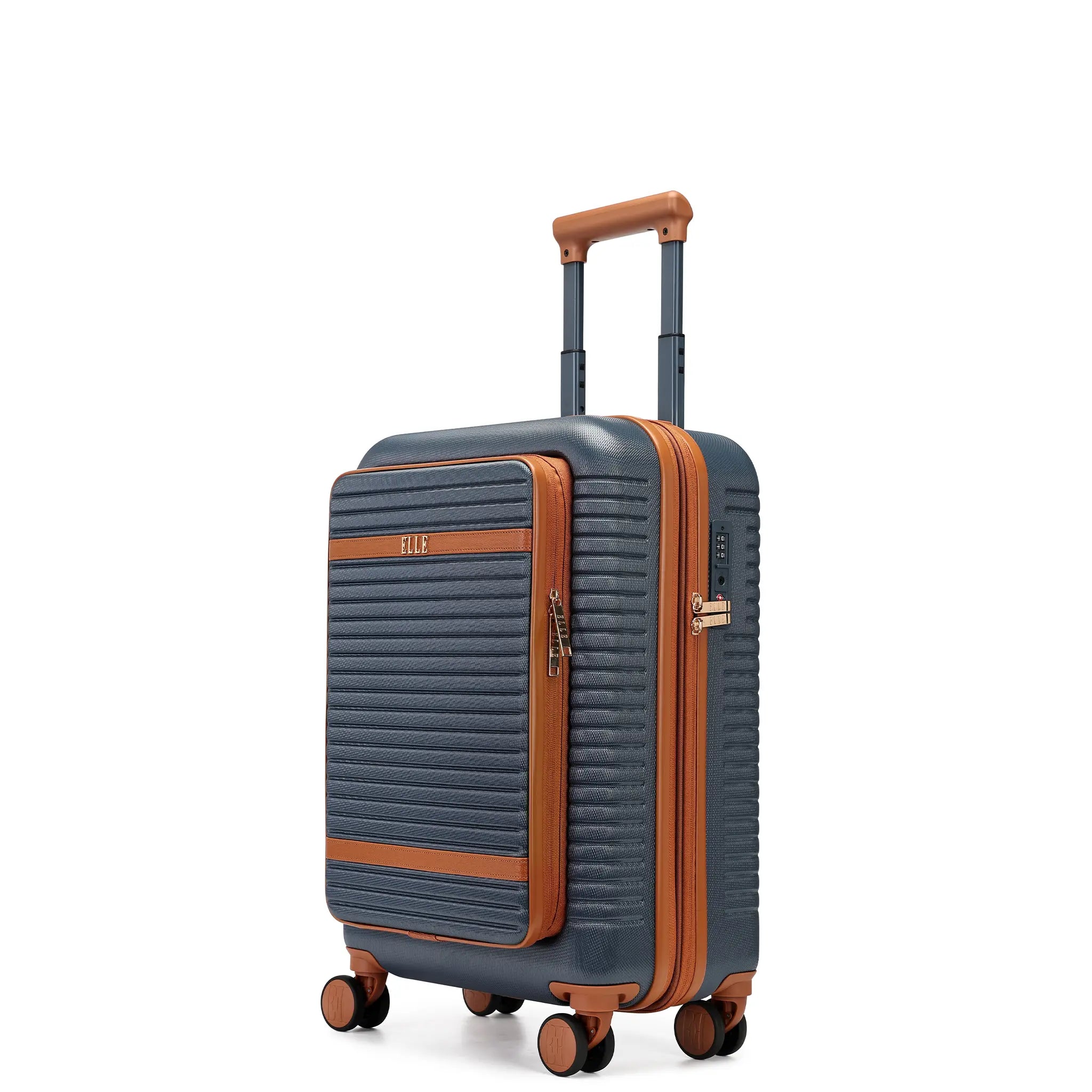 Blue suitcase with brown accents on a white background