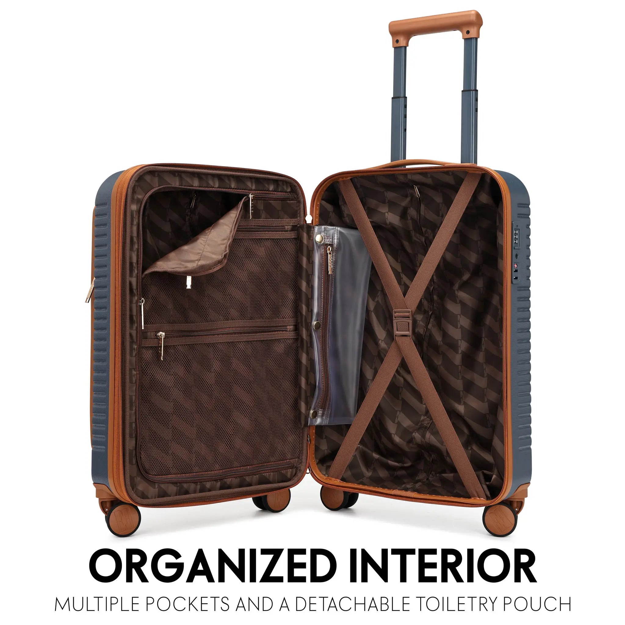 Open suitcase with organized interior on a white background