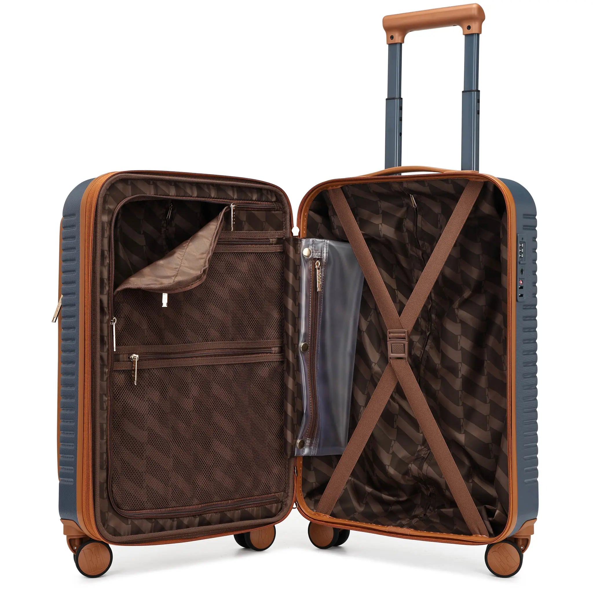 Open suitcase with brown interior and blue exterior on a white background