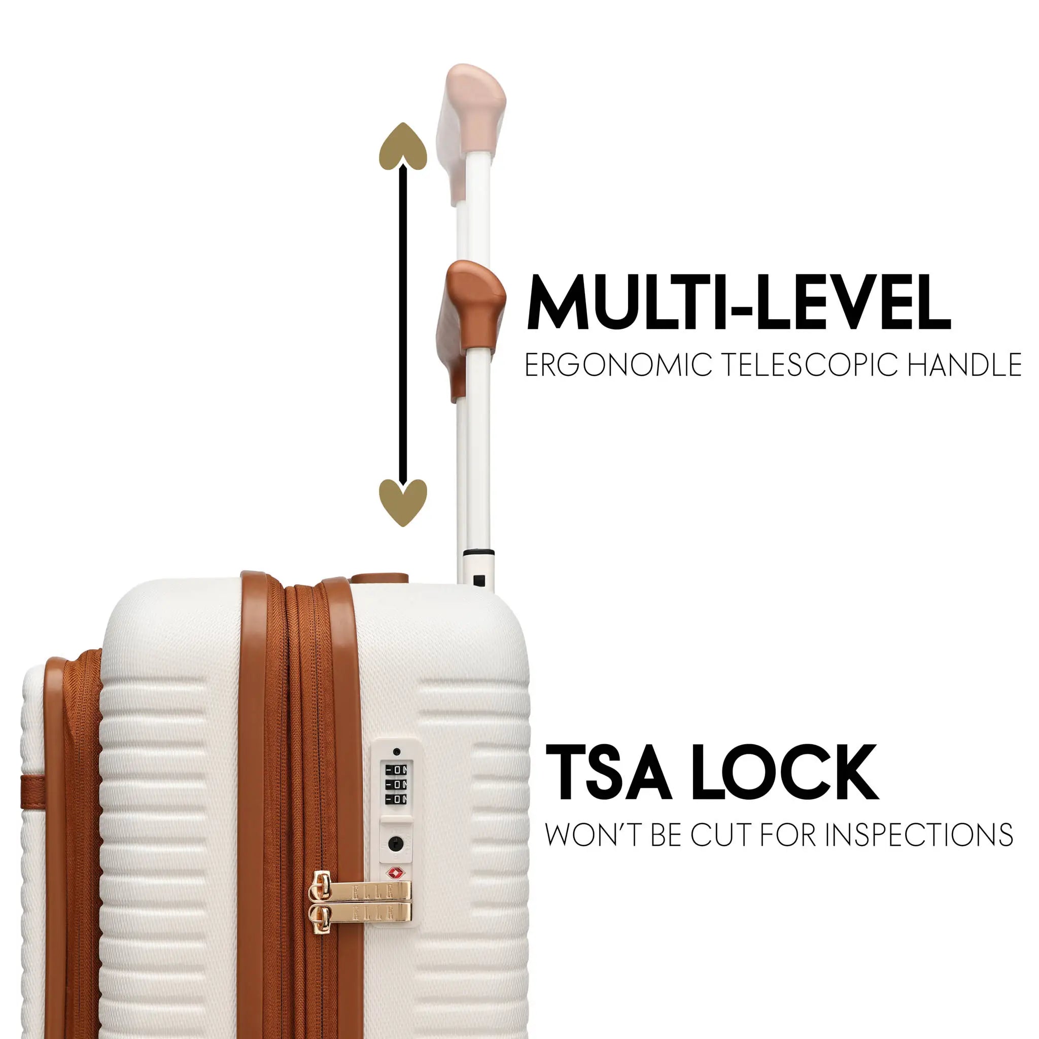 Suitcase with multi-level ergonomic telescopic handle and TSA lock on a white background
