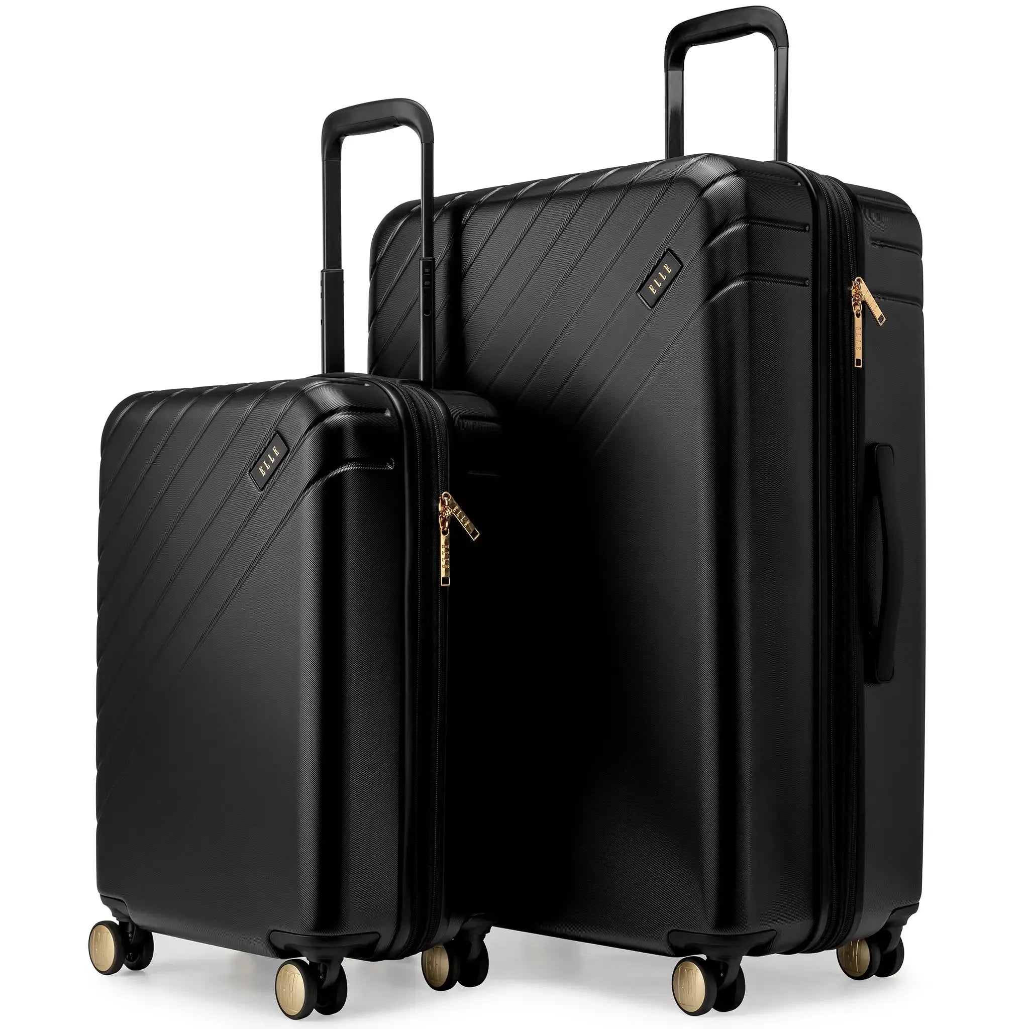 Two black suitcases with gold zippers on a white background