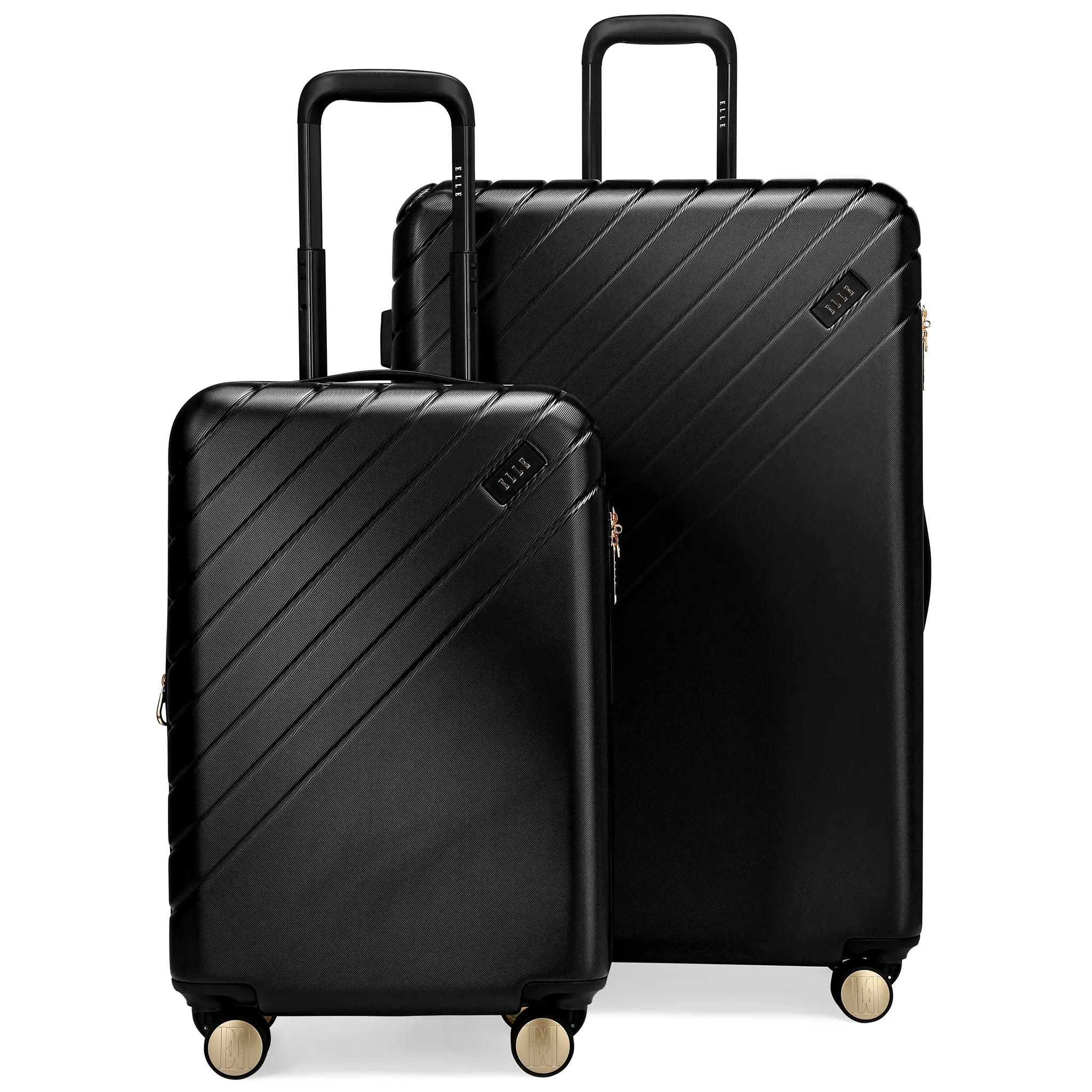 Two black suitcases with gold wheels on a white background