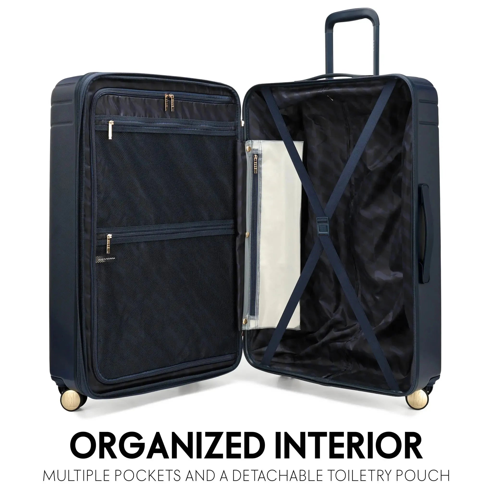 Open navy suitcase with organized interior and detachable toiletry pouch on a white background