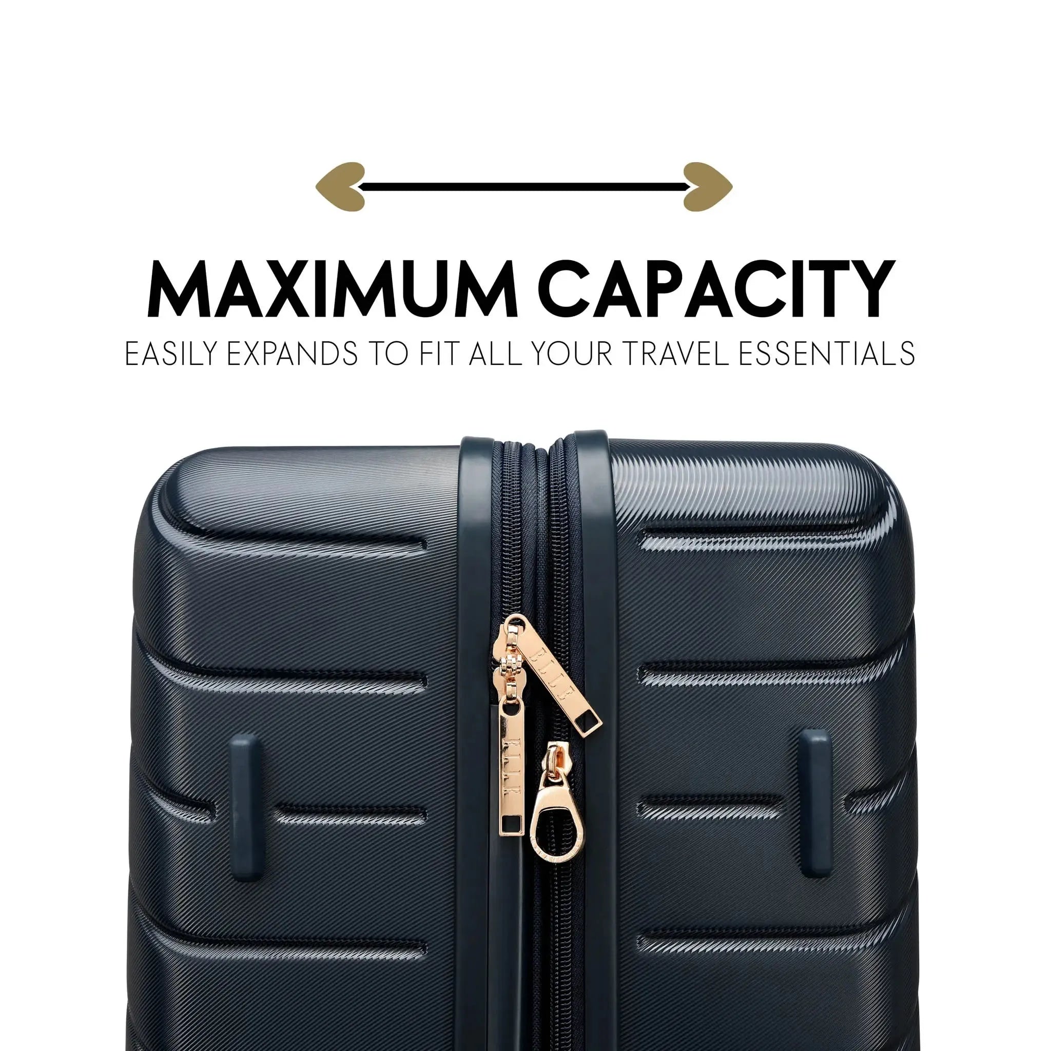 Black suitcase with gold zipper on a white background, featuring text about maximum capacity.