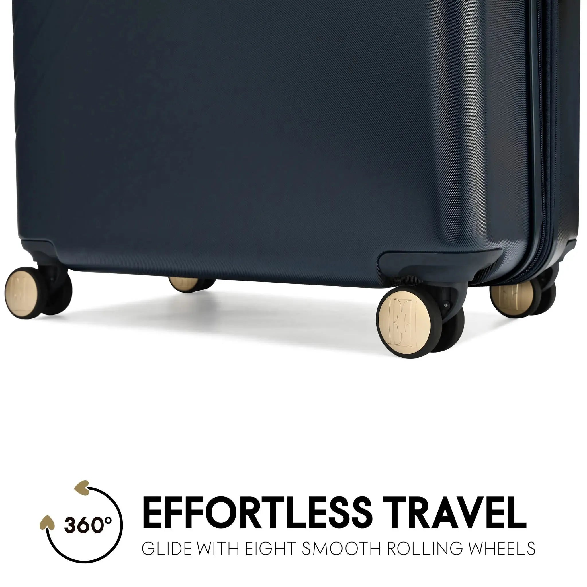 Navy suitcase with eight smooth rolling wheels on a white background, featuring the text 'Effortless Travel'.