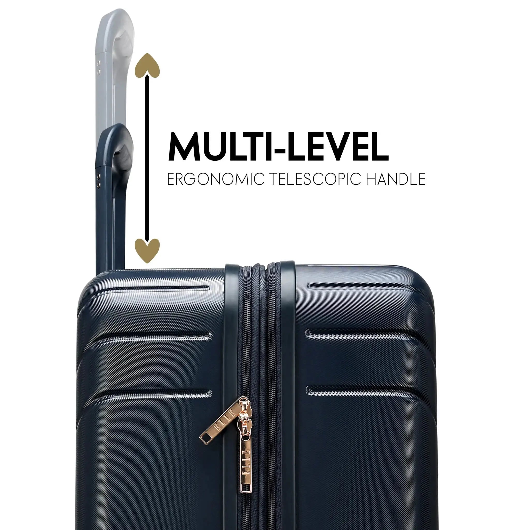 Black suitcase with a multi-level ergonomic telescopic handle on a white background